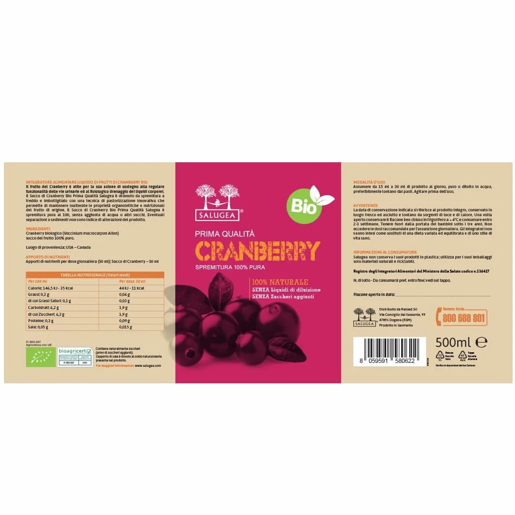 SUCCO DI CRANBERRY BIO Salugea - Mirtillo Rosso Americano - 100% Puro E Biologico - Integratore per le Vie Urinarie e Sistema Immunitario - Flacone in Vetro Scuro Farmaceutico - 500 ml