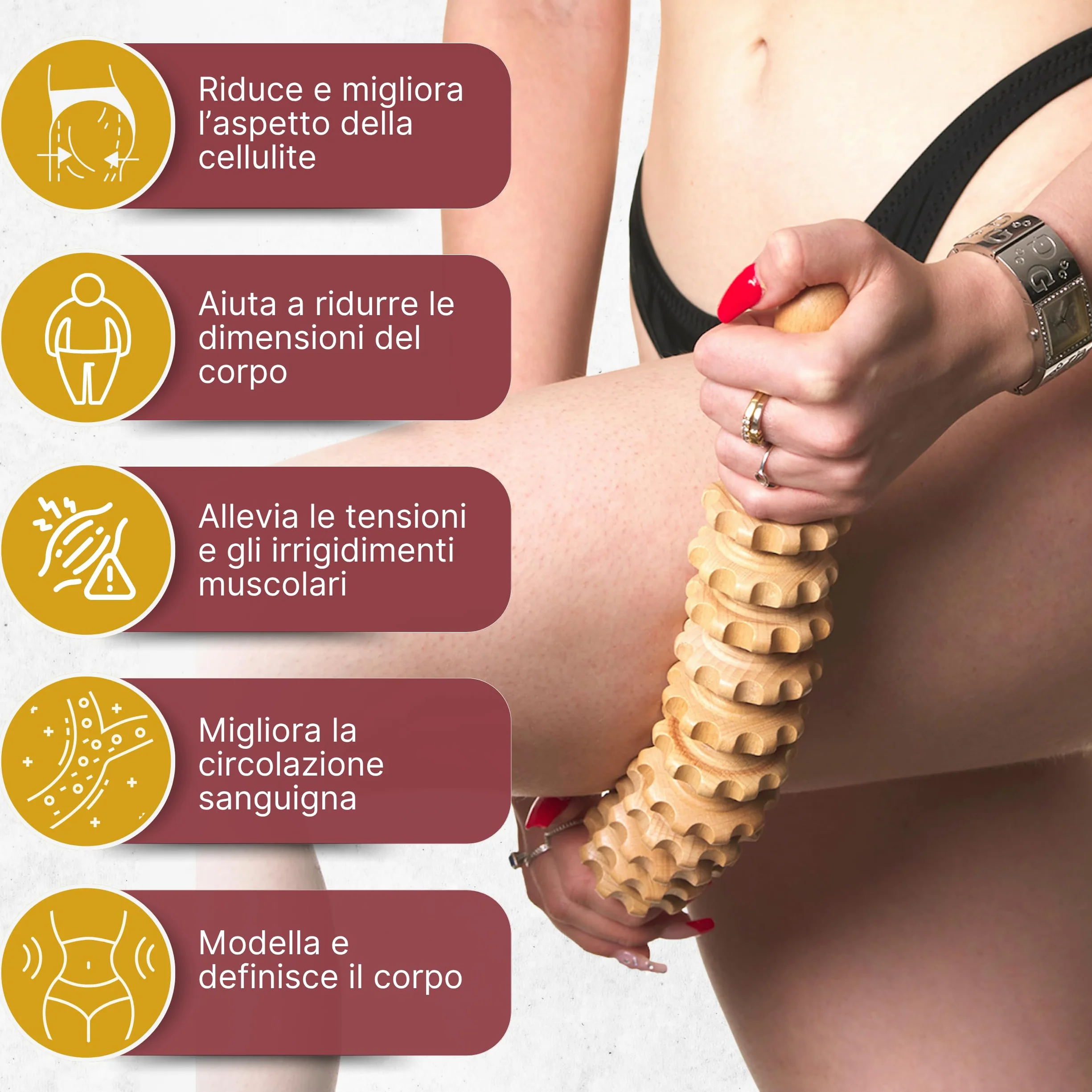 Rullo di Massaggio per Cellulite in Legno di Faggio con Sacchetto