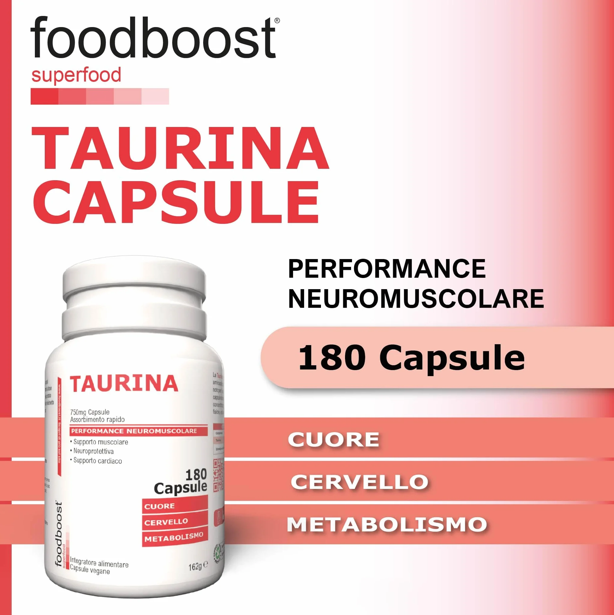 foodboost Taurina 750 mg - 180 Capsule Vegane (3 Mesi) - Integratore Energetico pre workout/post workout, Antiossidante, Supporto Benessere Cardiaco e Muscolare - Assorbimento rapido - Ø additivi