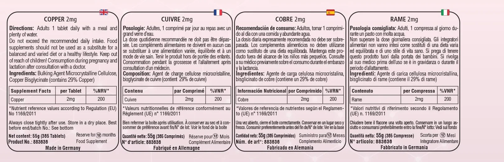 Rame 2mg, 365 compresse, Rame bisglicinato, Alto dosaggio, 100% Vegano, produzione tedesca e test di laboratorio, Premium & Equo