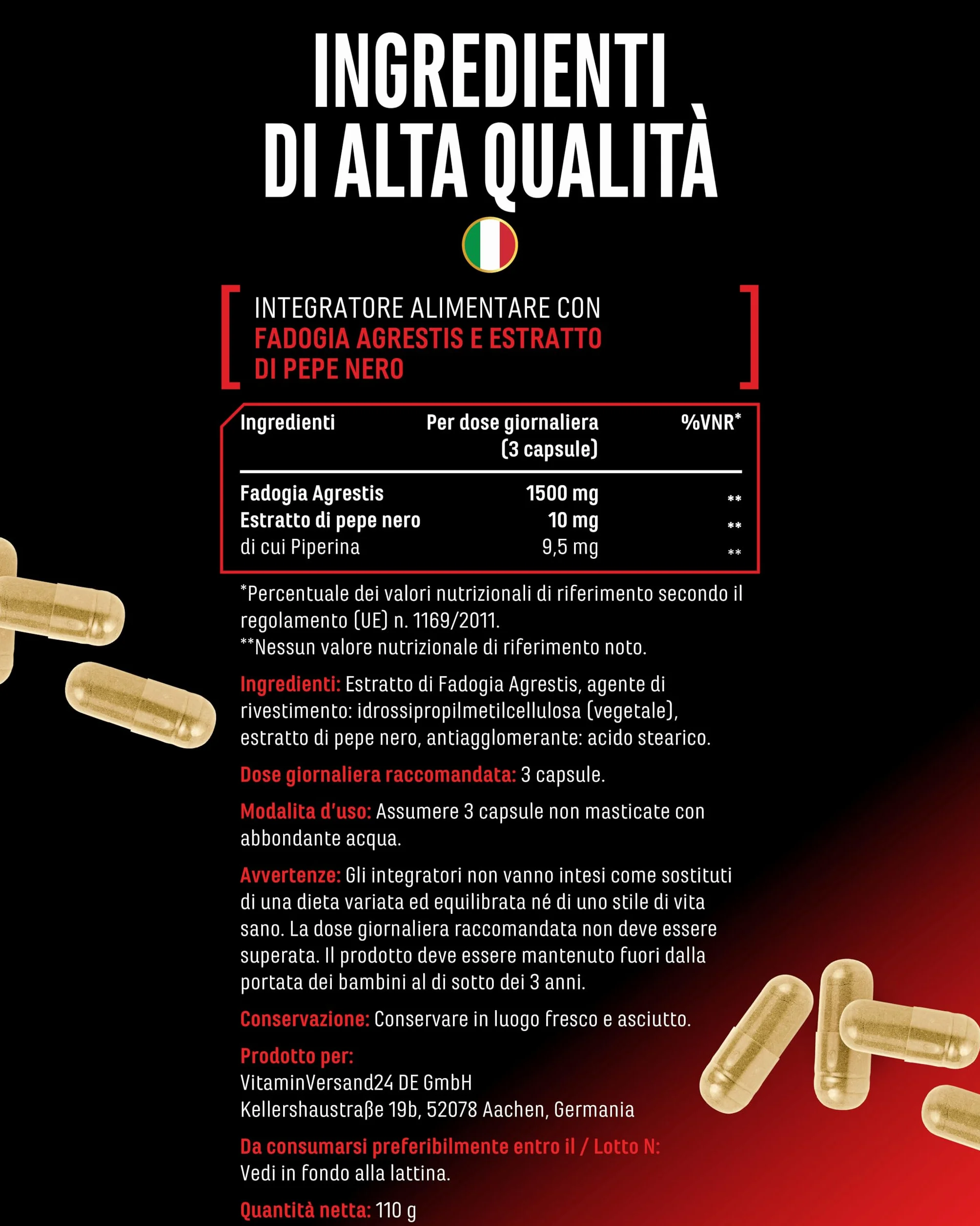 Fadogia Agrestis Max 180 Capsule Vegane 1510 mg per Dose Giornaliera con Estratto di Pepe Nero e Bioenhancer