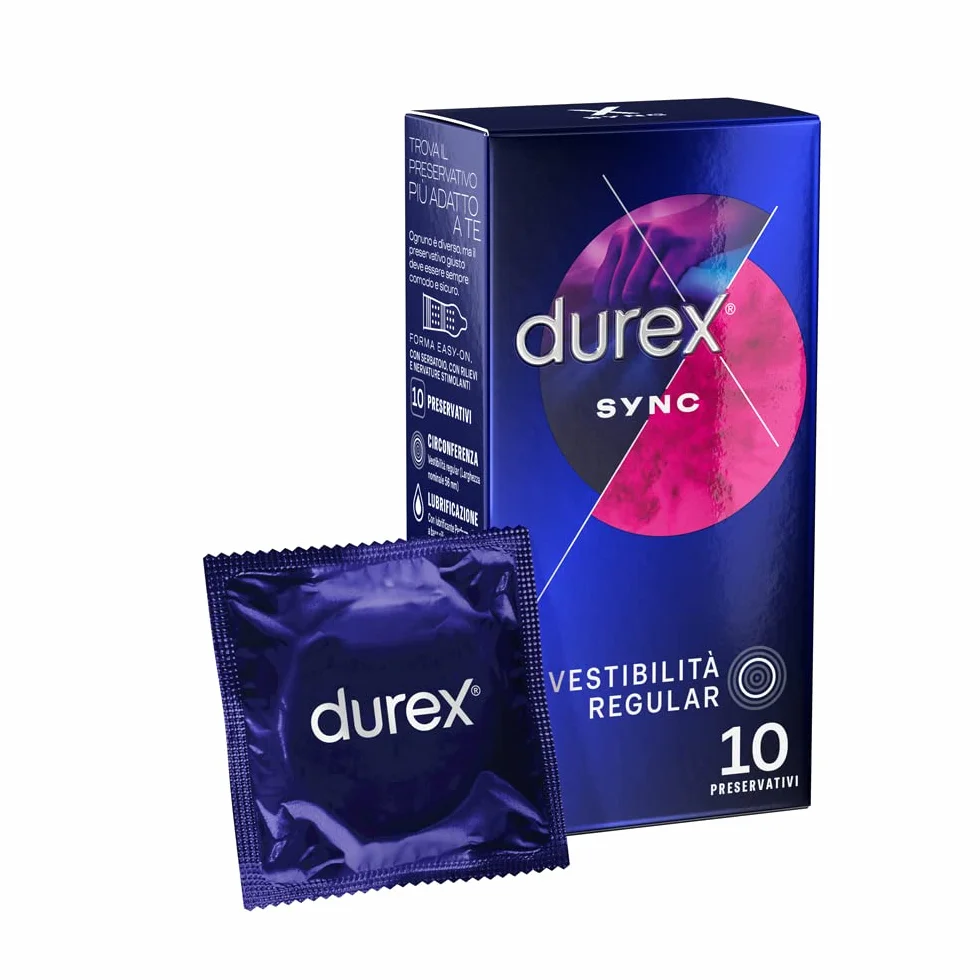 Durex Sync Preservativi Ritardanti con Rilievi e Lubrificante, 10 Profilattici