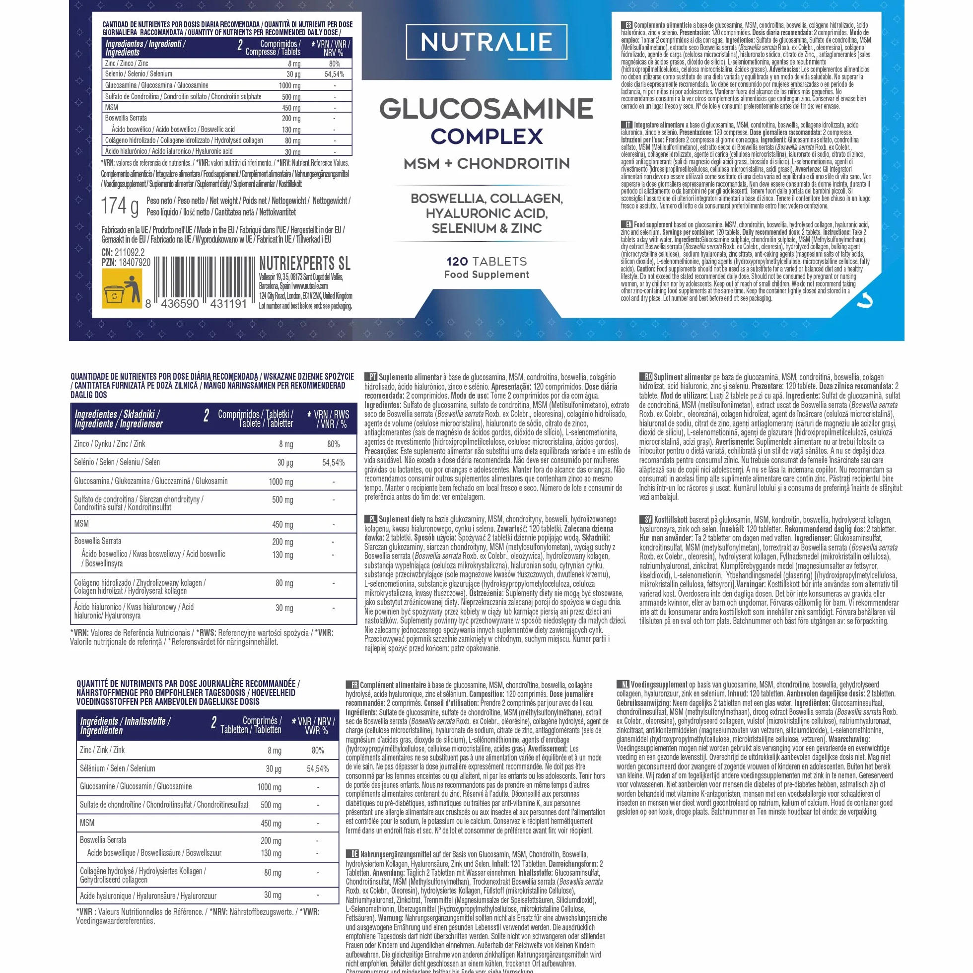 Glucosamina Condroitina MSM, Collagene con Acido Ialuronico, Boswellia, Selenio e Zinco - Glucosamina Complex 120 compresse Nutralie