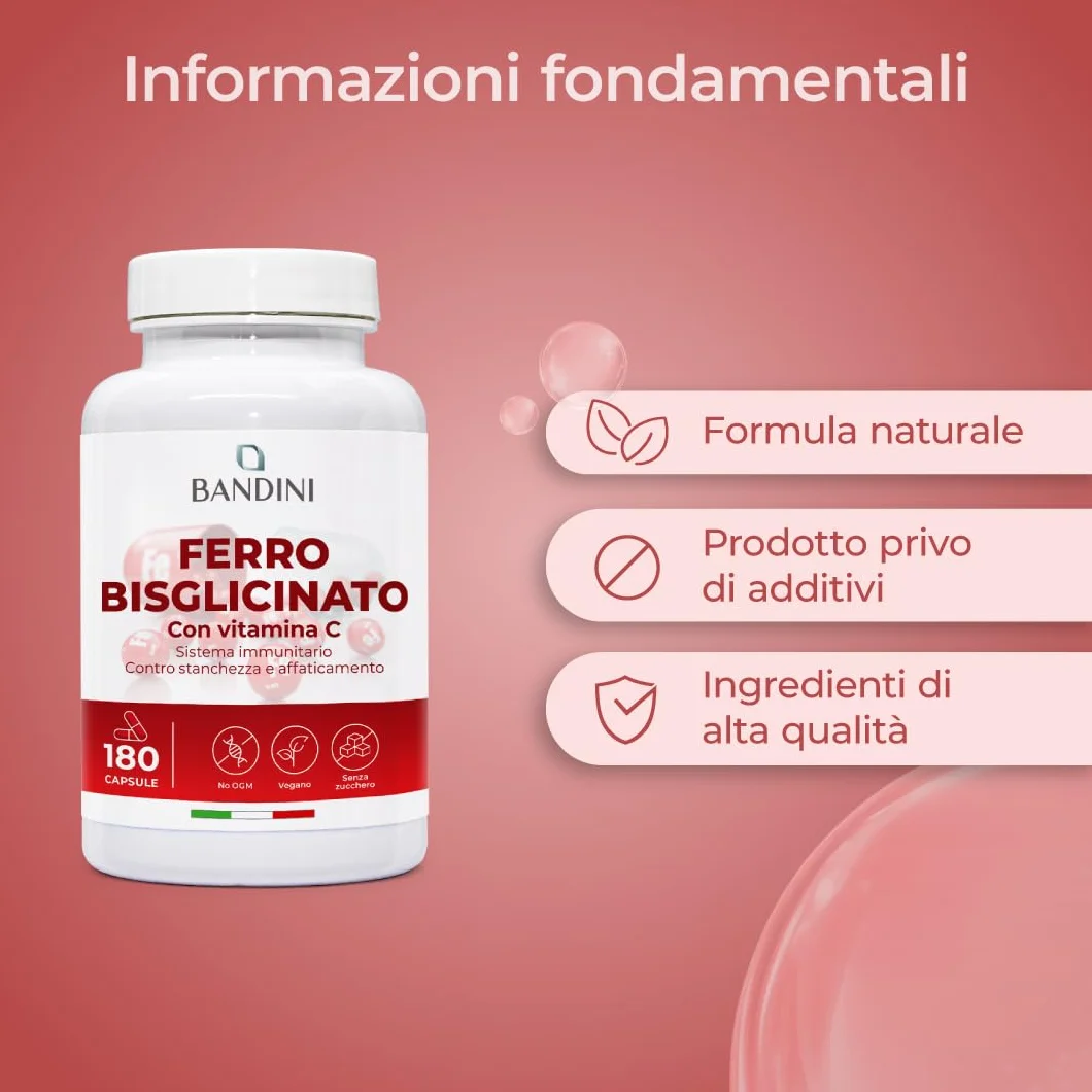 Bandini® Ferro Bisglicinato 80mg + Vitamina C 180 Capsule Vegan (Scorta di oltre 6 Mesi) - Contribuisce al Normale Metabolismo Energetico - Altamente Assimilabile e Biodisponibile - Iron + Vit C 160mg