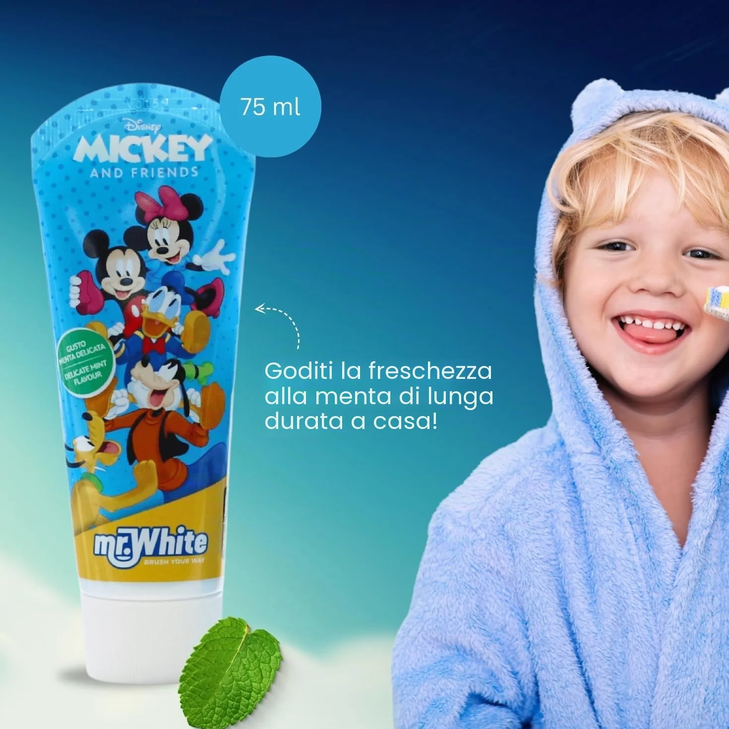Mickey Mouse - Set di sacchetti per bambini, adatto ai viaggi, con spazzolino manuale con ventosa, tappo da viaggio, dentifricio al gusto di menta delicata per bambini da 75 ml e bicchiere Mr. White