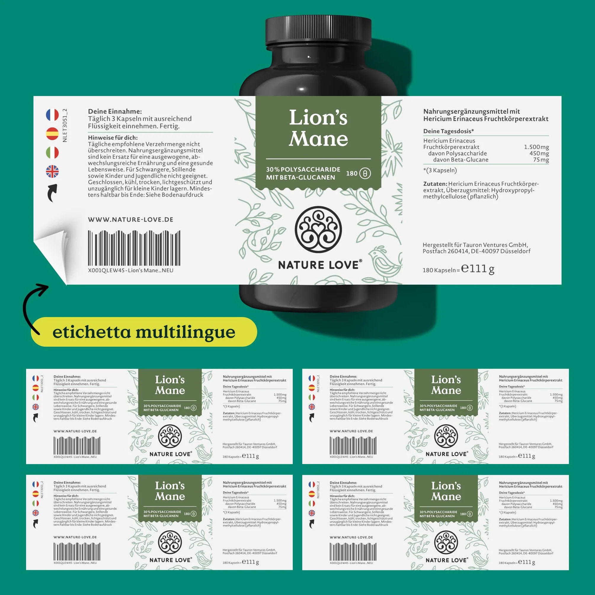 NATURE LOVE® Lions Mane (Hericium Erinaceus) - 180 capsule - Alto dosaggio, 1500mg/dose giornaliera - 30% di polisaccaridi e 5% di beta glucani - Vegano, testato in laboratorio e made in Germany