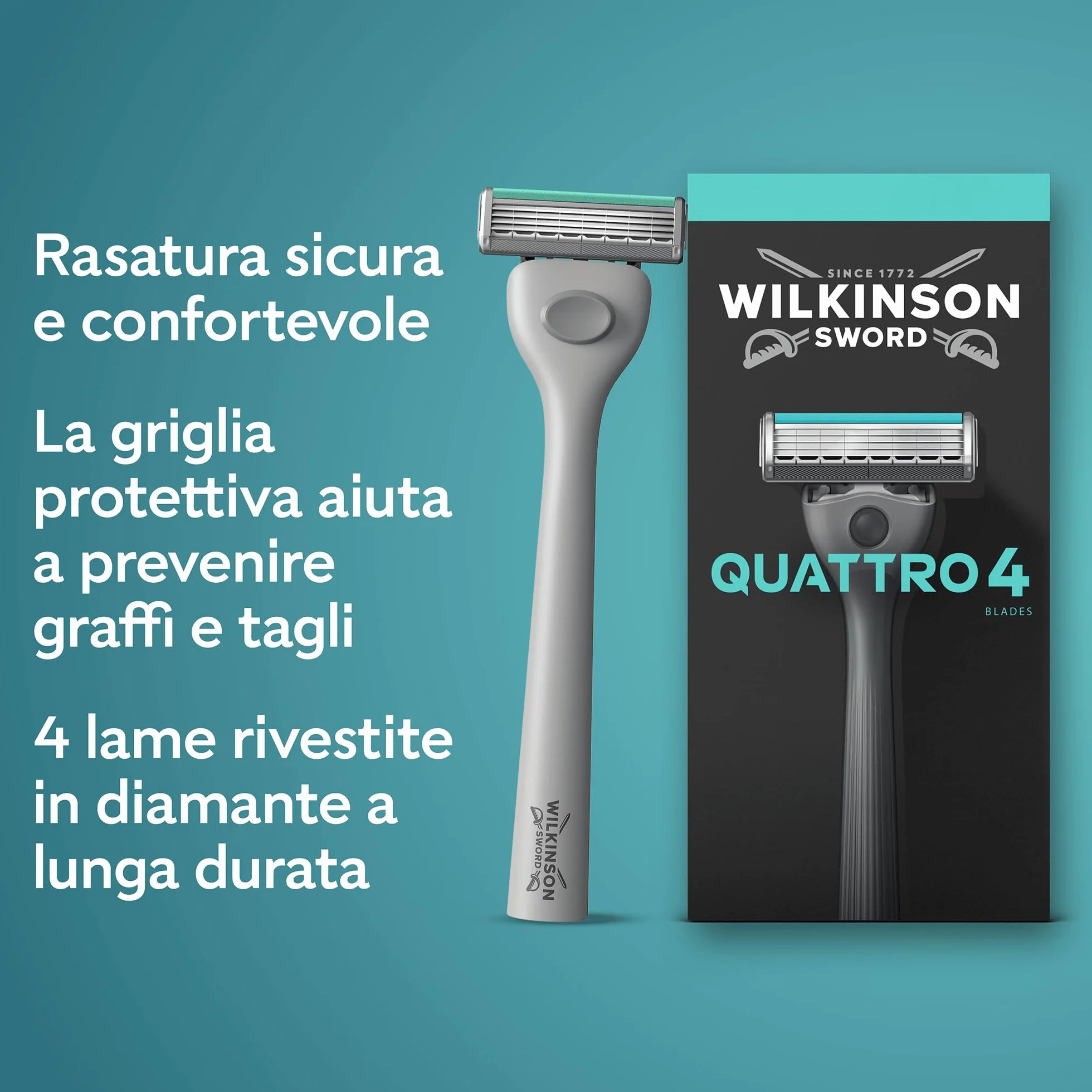 Wilkinson Sword Quattro, set di ricariche, 4 lame rivestite in diamante, 8 ricariche