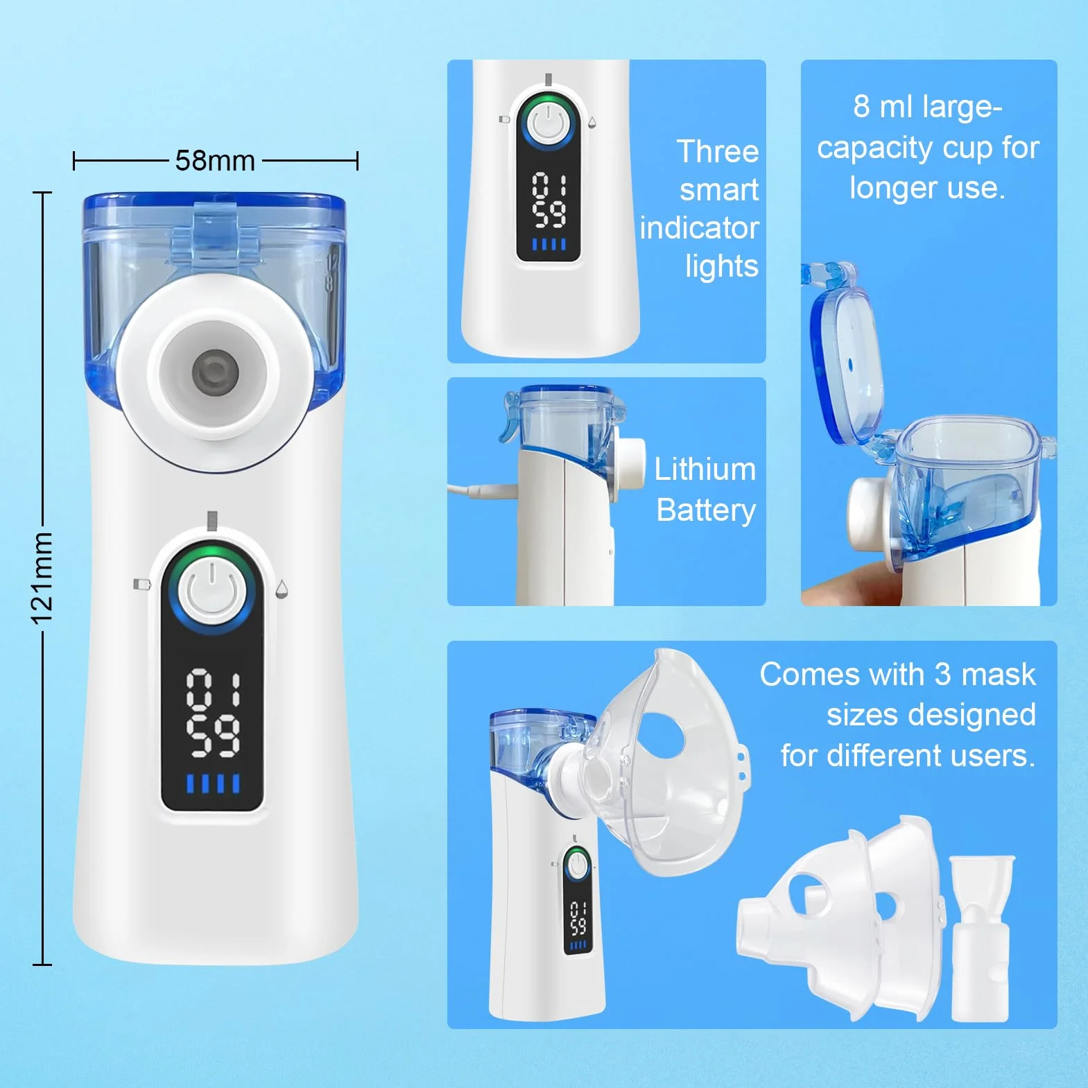 Aerosol Portatile Silenzioso Ricaricabile USB-C con Autopulizia, Nebulizzazione Regolabile, 2 Maschere e Boccaglio per Adulti e Bambini