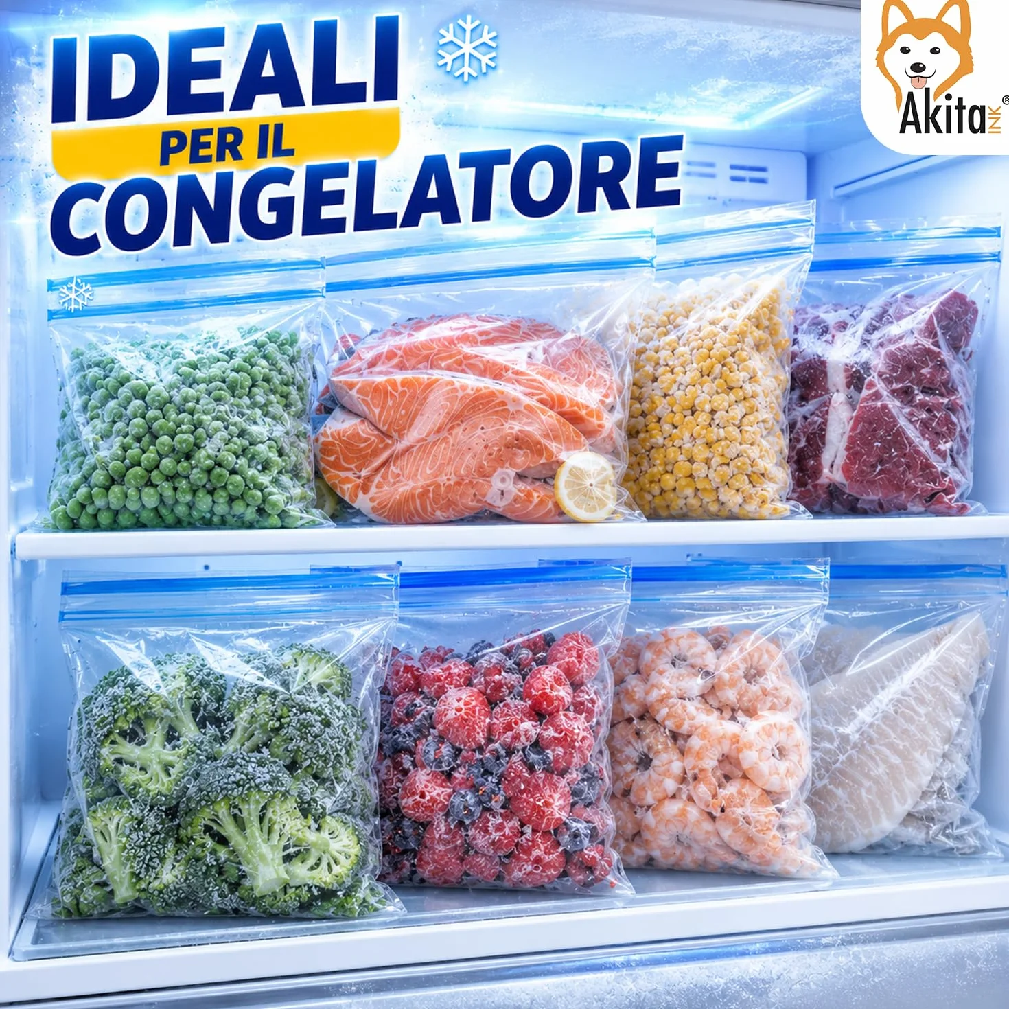 AkitaInk Set 60 Sacchetti Freezer con Chiusura Zip, Buste Gelo Alimentari Richiudibili in 3 Misure Assortite per Conservazione Cibi