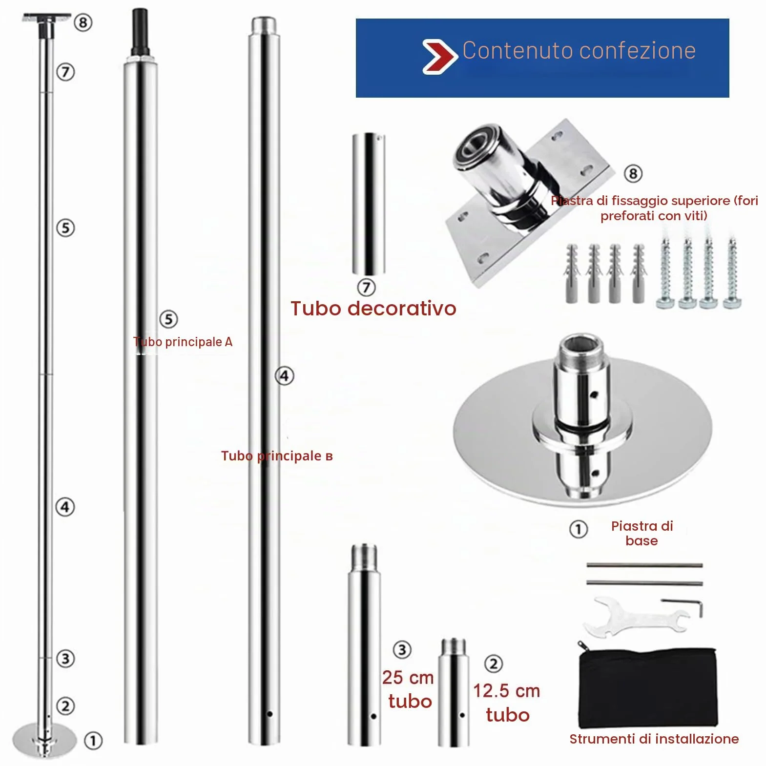 Palestra professionale 45 mm Spinning Static Dance Pole – Heavy Duty per casa con montaggio a soffitto
