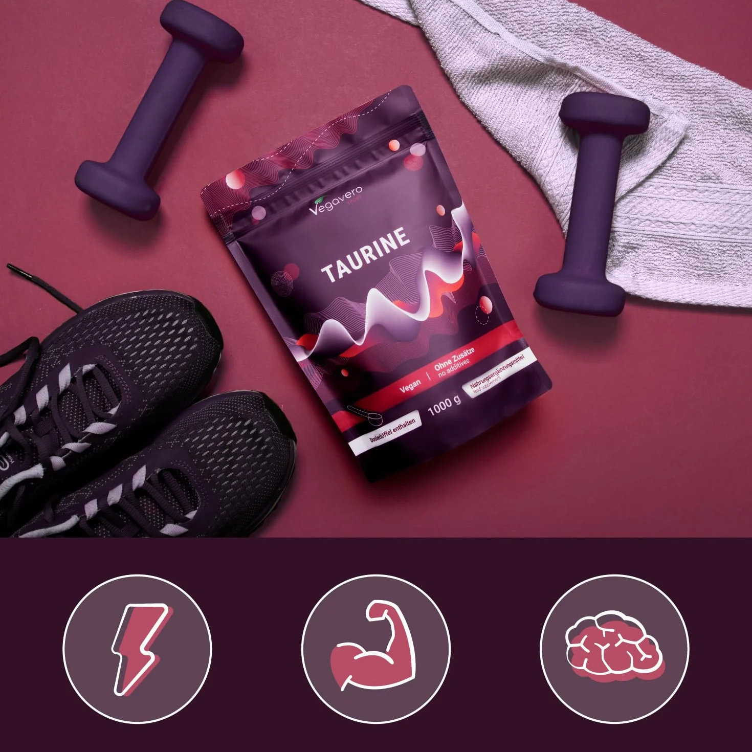 Taurina in Polvere 1 Kg 3000 mg per Dose Giornaliera Integratore Sport Pre Post Workout Energizzante Altamente Dosato Vegan Senza Additivi Vegavero®