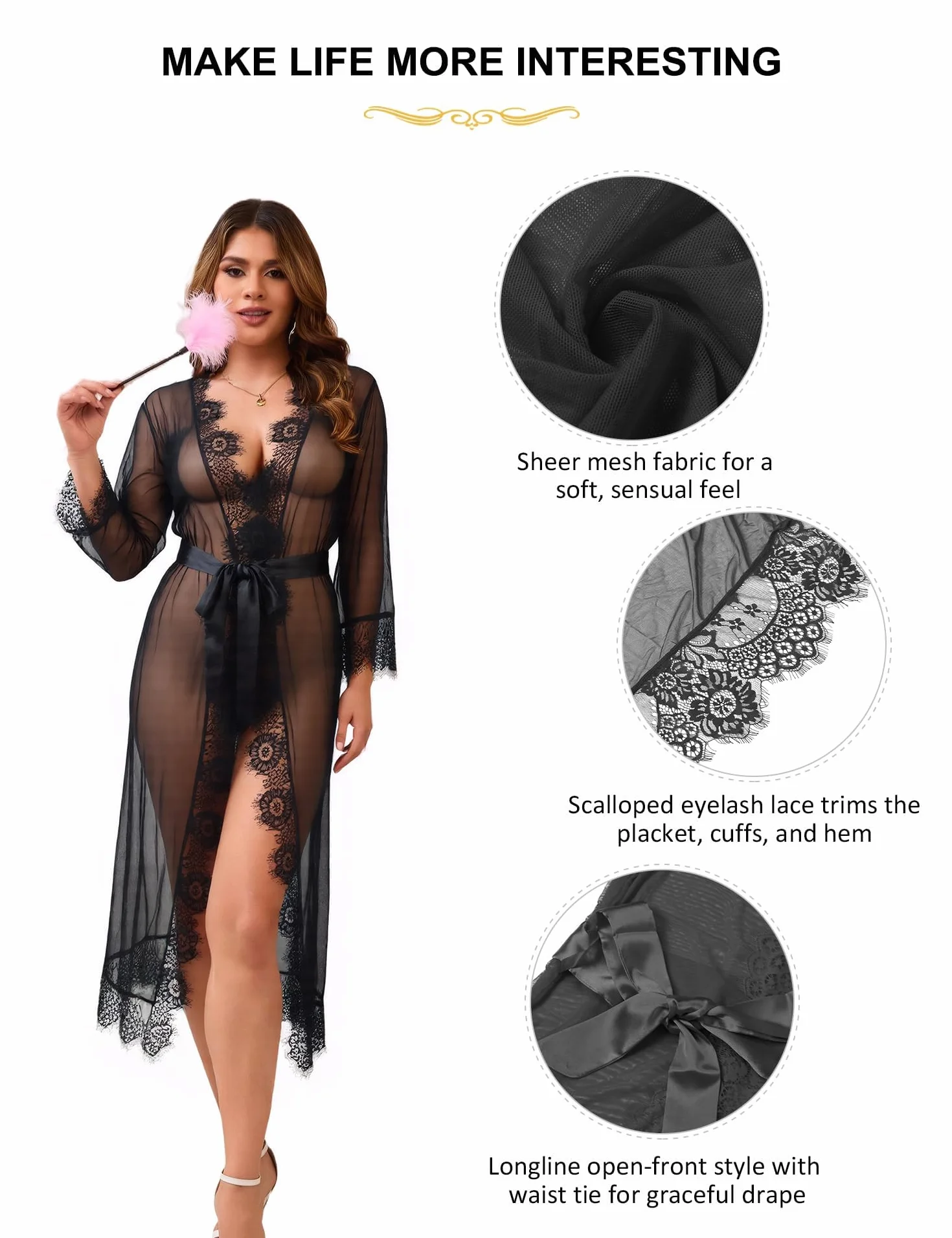 Kimono Daman Lungo Sexy Tulle Vestaglia Pizzo Taglie Grandi Negligee Babydoll Lingerie Trasparente Biancheria Intima con Cintura