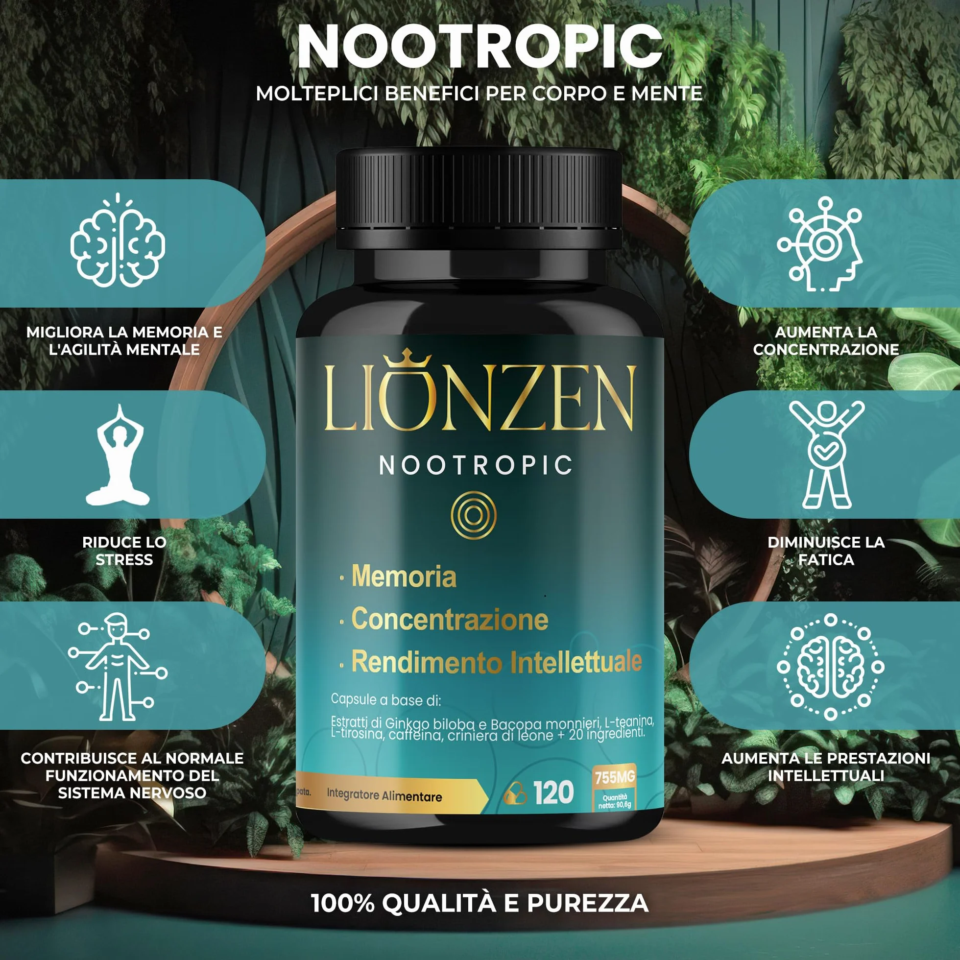 Nootropico concentrato Memoria e Concentrazione 23 ingredienti naturali Bacopa Ginkgo Biloba Caffeina Vitamine Magnesio
