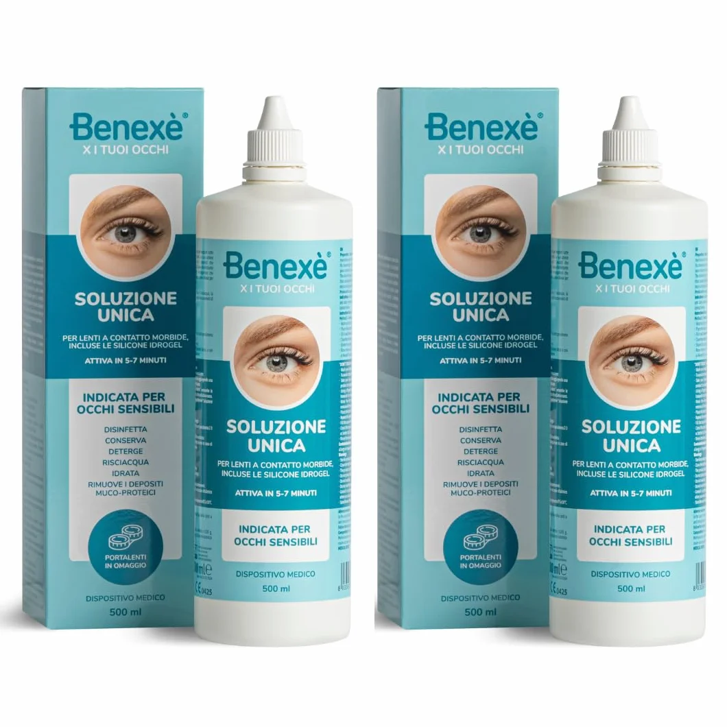 Benexè Soluzione Unica - per Lenti a Contatto morbide, incluse le Silicone Idrogel - attiva in 5-7 minuti - indicata per Occhi Sensibili - Dispositivo medico - 2 x 500 ml