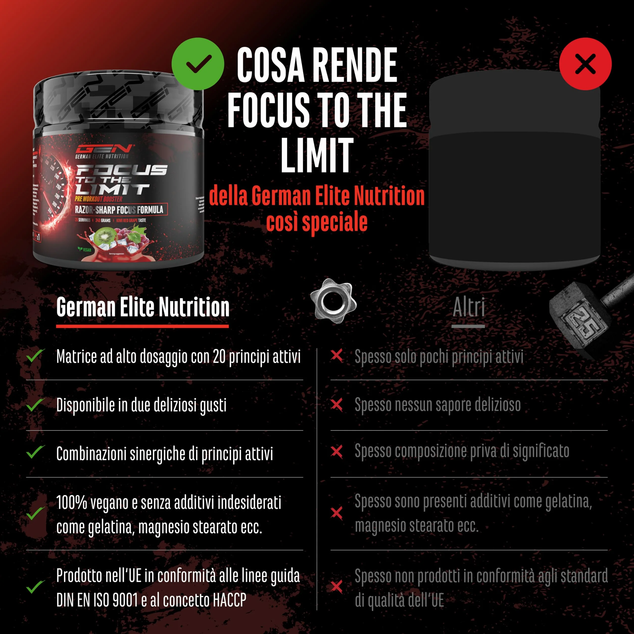 Focus to the Limit - Pre-Allenamento con L-Tirosina + Taurina + Inositolo + Estratto di Ginkgo + Citicolina + Radice di Rosa Rodiola + Caffeina e Vitamine - (240g, Gusto kiwi e uva Rossa)