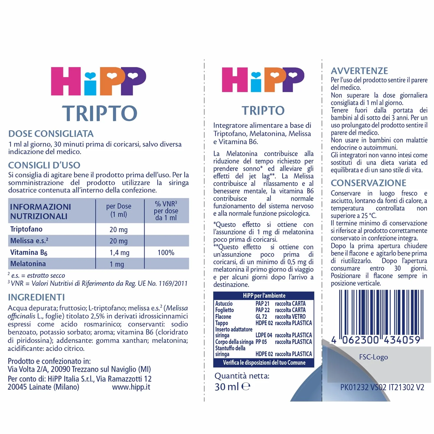 HiPP- HiPP TRIPTO, Integratore Alimentare, per un Sonno Ristoratore, Sonno, Addormentamento, Bambini, Triptofano, Melatonina, Melissa, Vit. B6. Flacone 30 ml, Senza Glutine