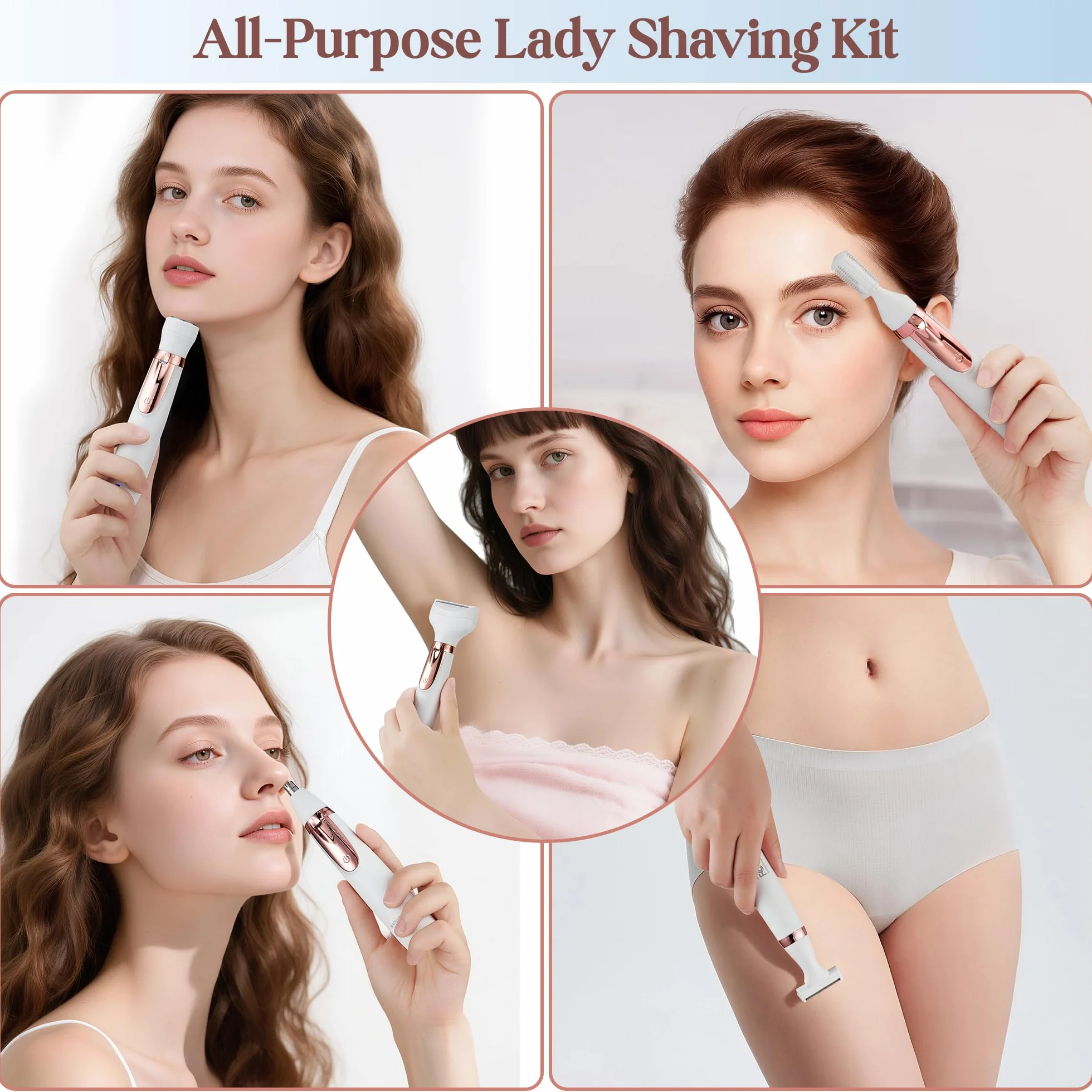 BarberBoss Rasoio elettrico donna 5 in 1, Kit epilazione ricaricabile, Rasoio per donna per corpo, bikini, viso, naso e sopracciglia, Rasoi donna senza fili Wet & Dry, Epilatore per viso, QR-8005