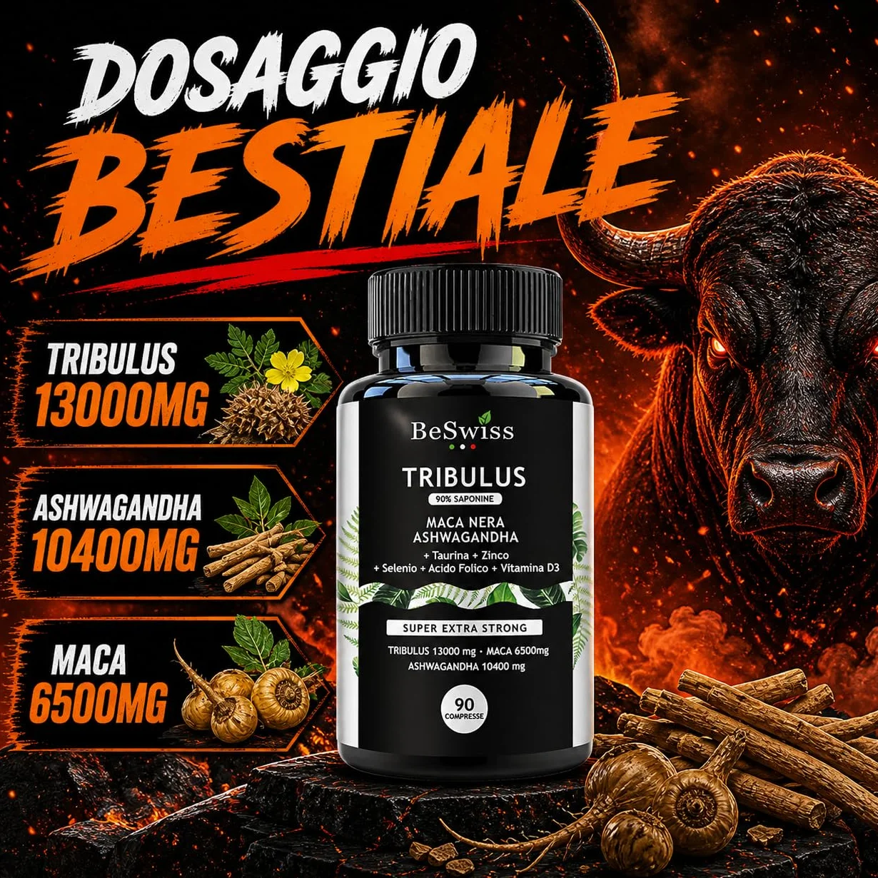 Tribulus, Maca e Ashwagandha - Alto Dosaggio | 120 Capsule con Zinco, Selenio e Vitamina D3