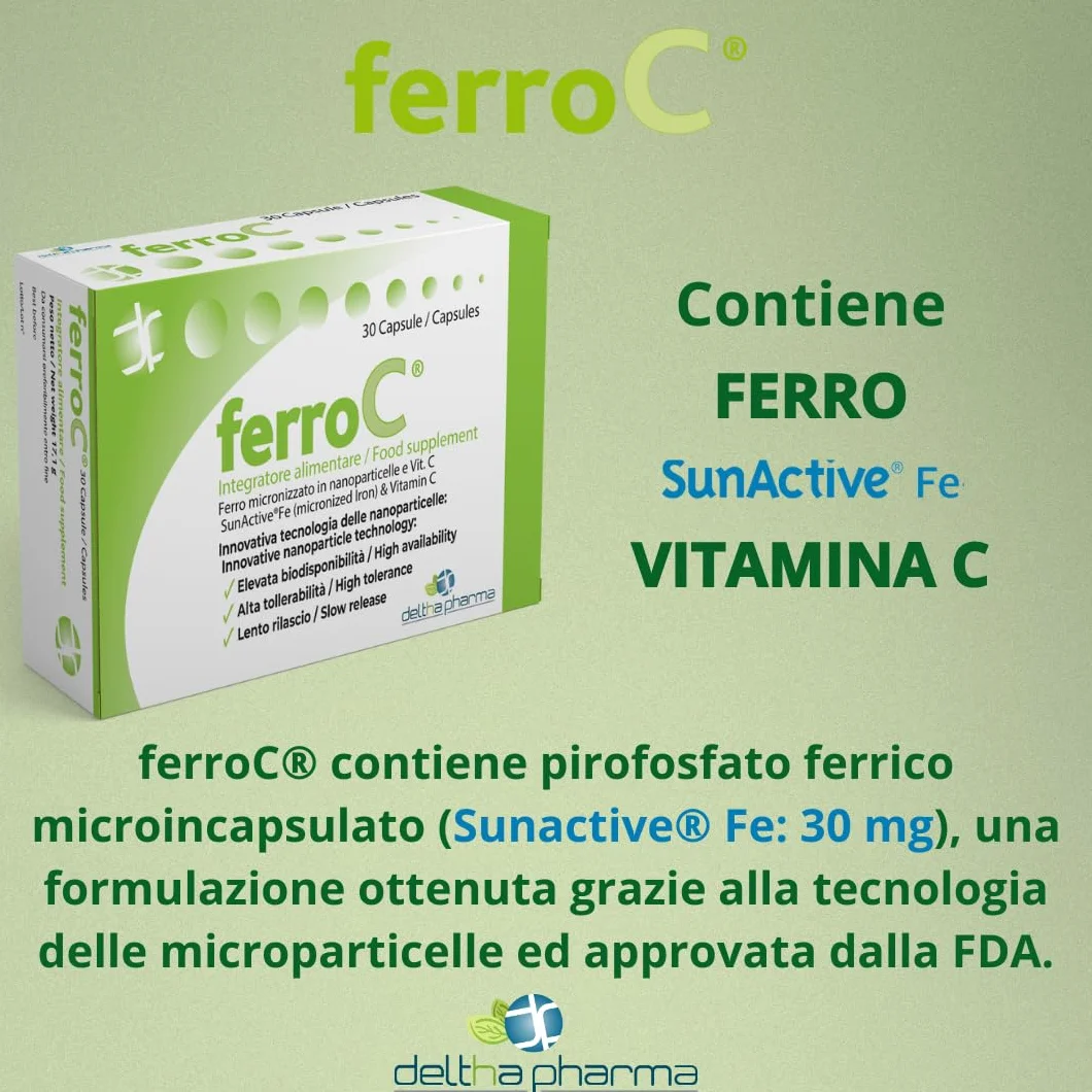 Ferro 30mg e VitaminaC 30 Caps vegetali Ferro Forte lento rilascio, Pirofosfato Micronizzato Superdisperso, Alta Biodisponibilità e Tollerabilità, Buon Sapore - per Glubuli Rossi e Emoglobina