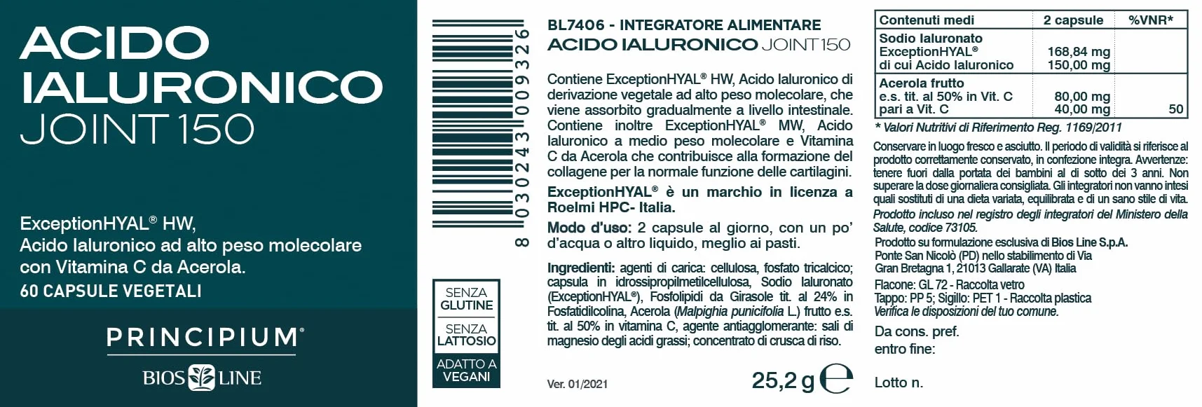 BIOS LINE Principium Acido Ialuronico Joint 150 Integratore Alimentare per Cartilagini e Articolazioni 60 Compresse