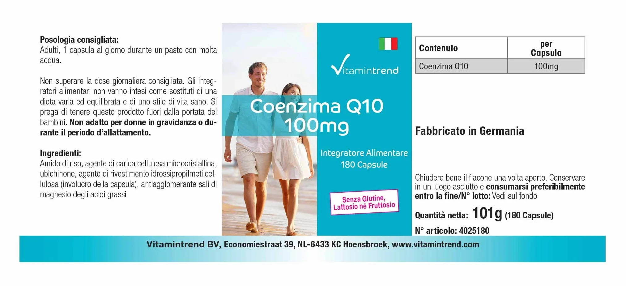 Vitamintrend Coenzima Q10 100 mg, 180 capsule, facili da deglutire, ad alto dosaggio, integratore alimentare vegano senza magnesio stearato, prodotto in Germania