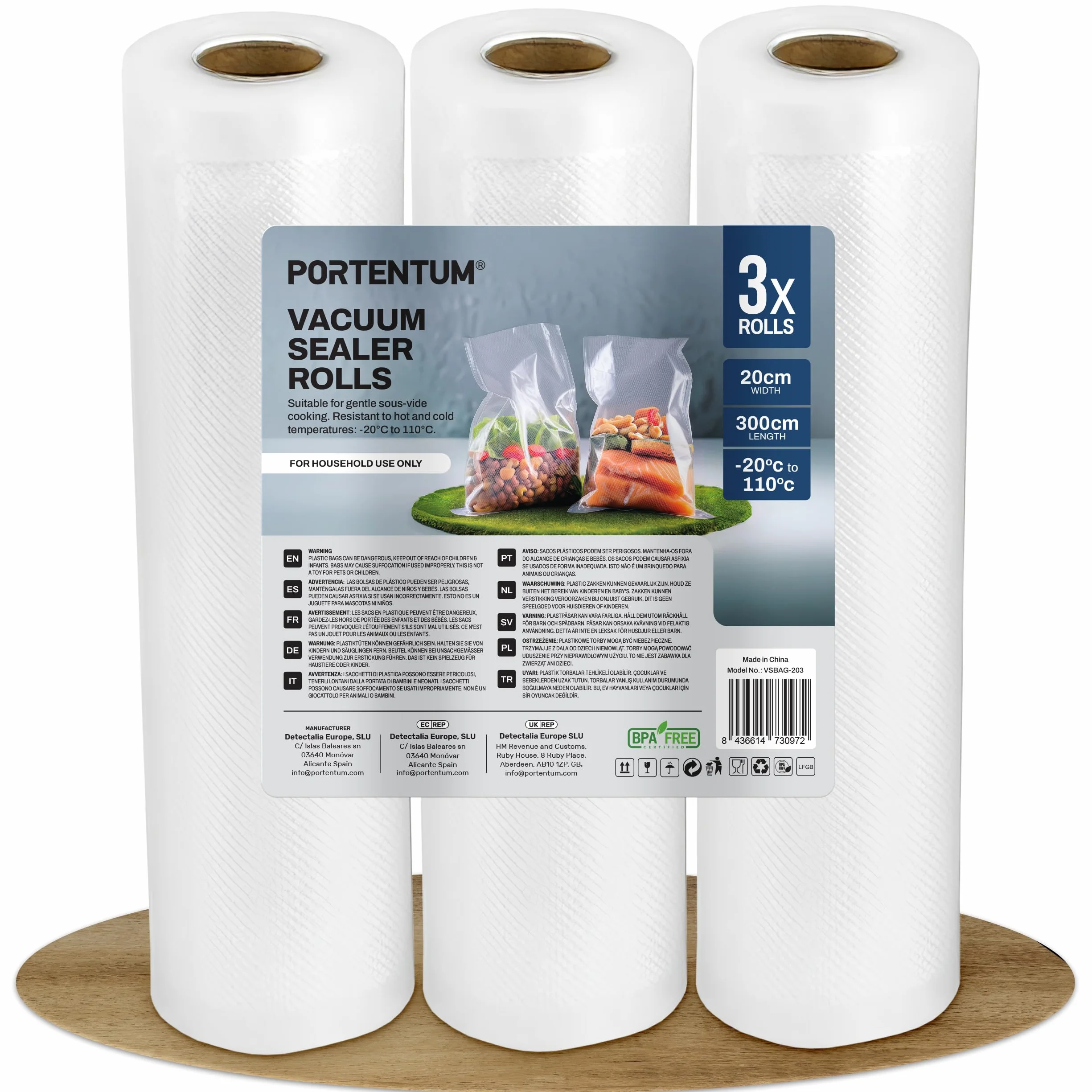 PORTENTUM Sacchetti Sottovuoto Alimenti, 3 rotoli 20 x 300 cm 9 m per conservazione e Sous Vide