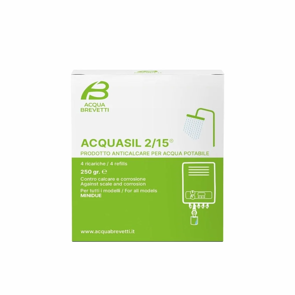 Acquasil 2/15 PC100 Ricariche MiniDOS Anticalcare Anticorrosione per Acqua Potabile Protezione Caldaie 4x250g