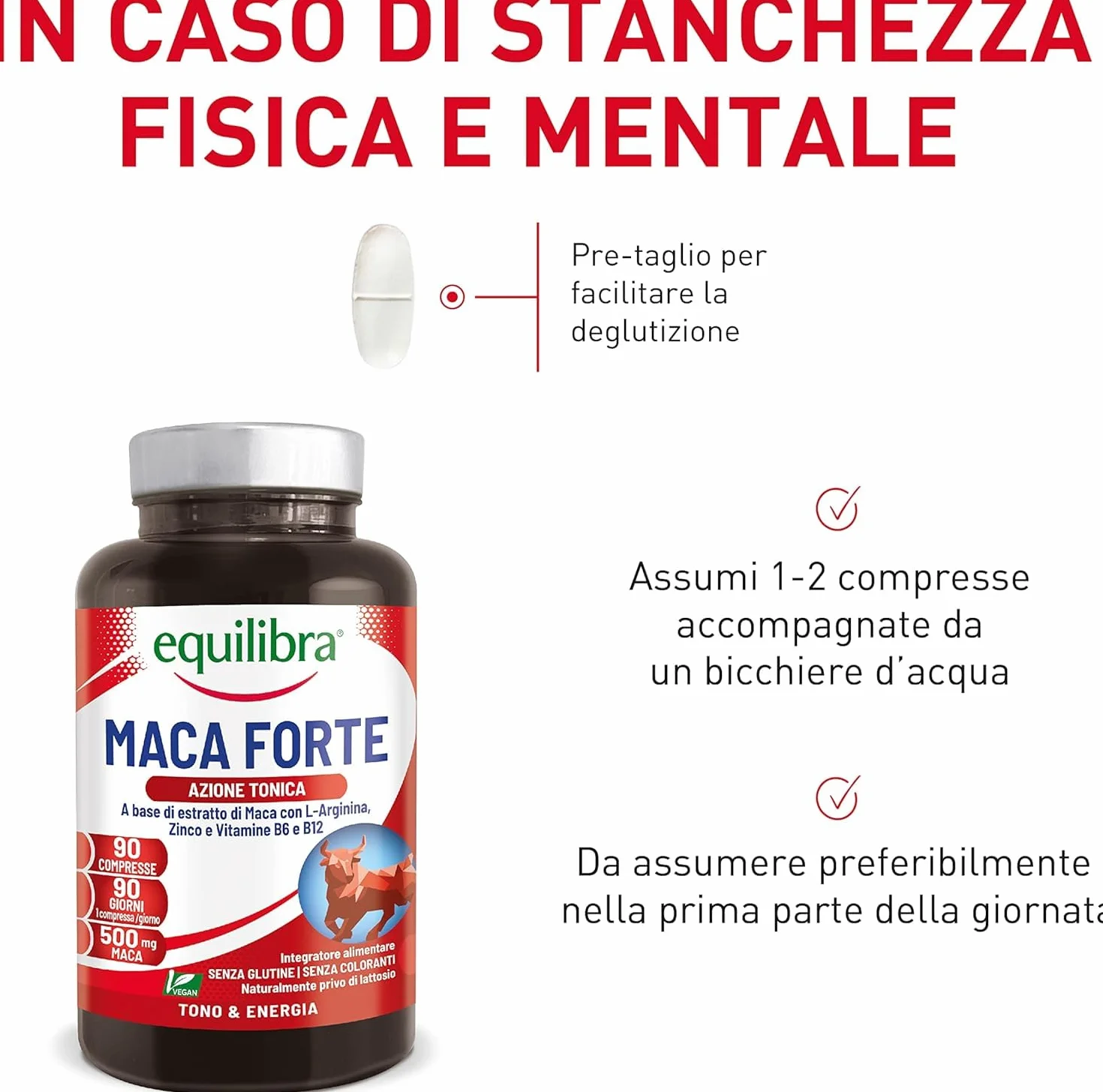 Equilibra Integratori Alimentari, Maca Forte, Tono e Vigore Fisico, Altodosato a Base di Estratto di Radice di Maca Peruviana 500 mg, L-Arginina, Zinco, Vitamine B6 e B12, 90 Compresse