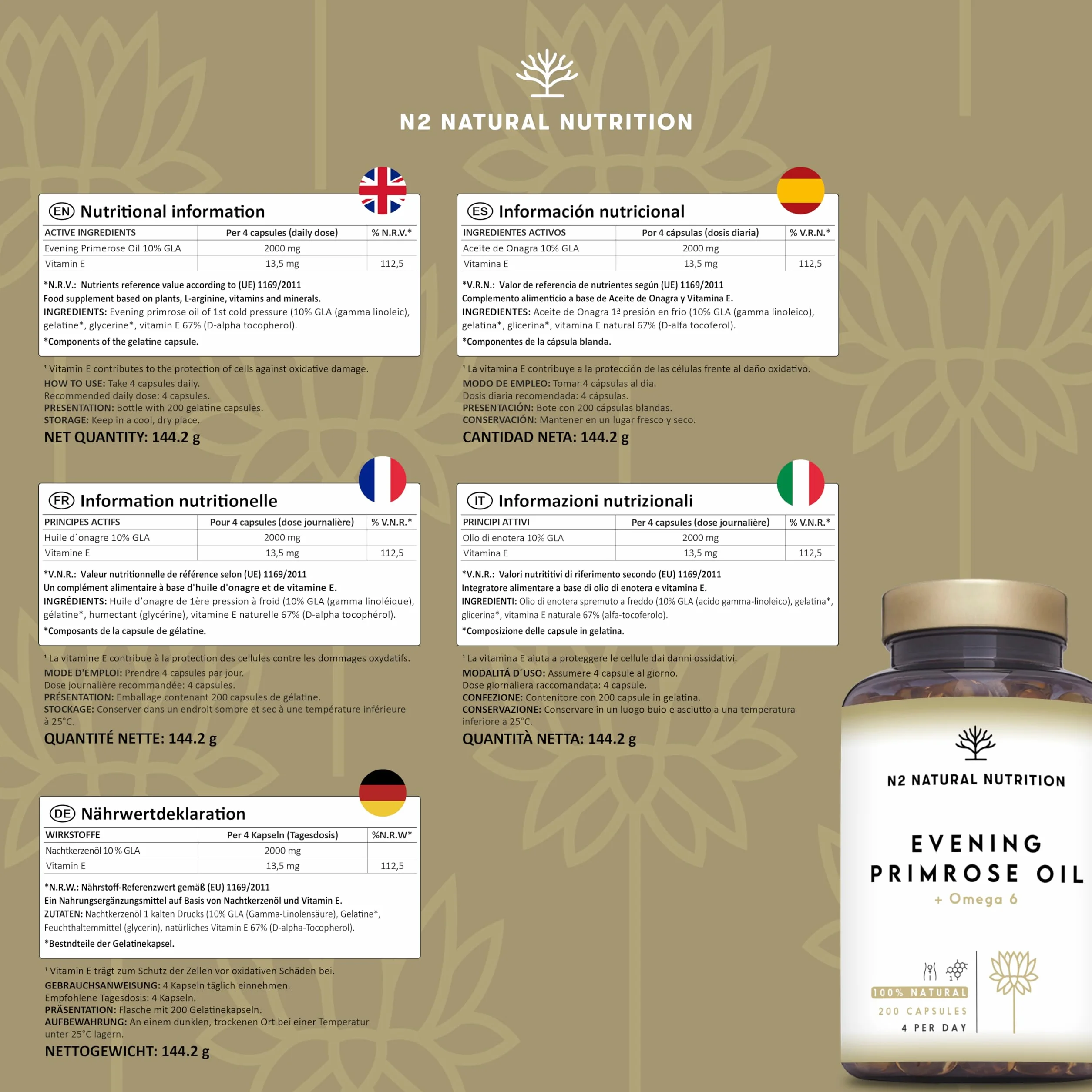 Olio di Enotera 200 Perle 2000 mg 10% GLA con Vitamina E e Omega 6 Integratore Menopausa