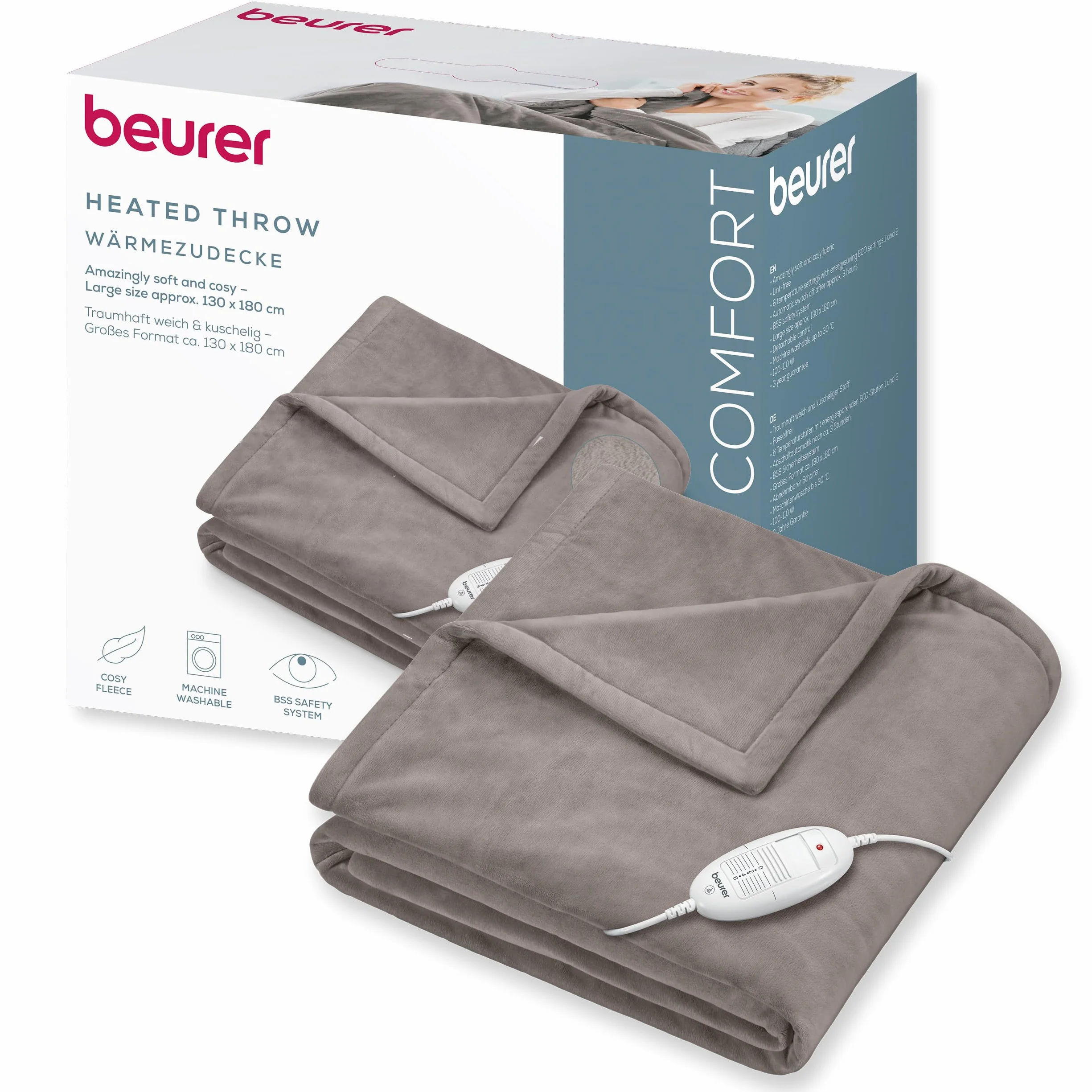 Beurer HD 75 Cosy Coperta Elettrica con Dispositivo di Termoregolazione Elettronico, 6 livelli di temperatura e spegnimento automatico dopo 3h, colore Taupe
