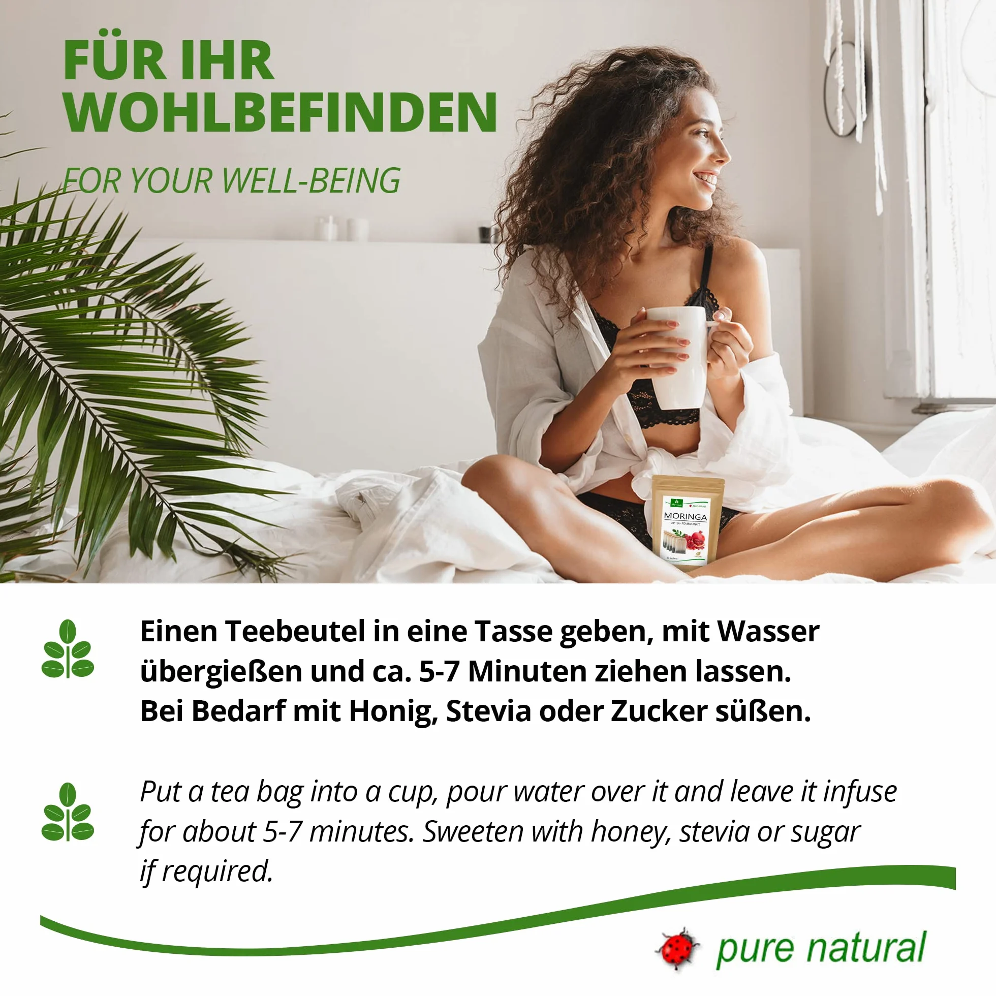 Tè Moringa 100% naturale e vegano (a scelta mix di erbe, mela cannella, melograno, zenzero, menta). Qualità 1A (20 bustine di tè Moringa-Melograno)