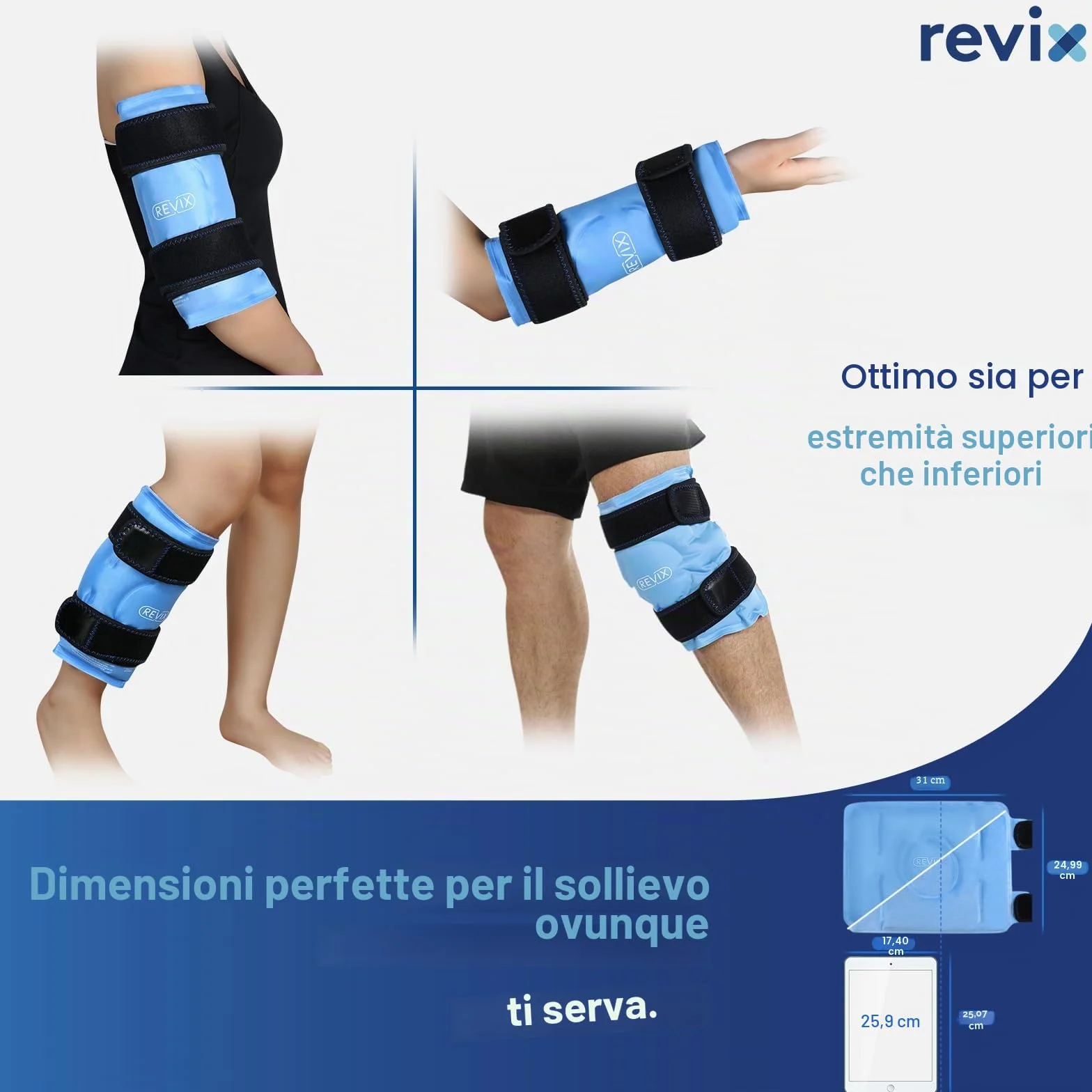REVIX Fascia Ghiaccio per Ginocchio – Impacco Gel Riutilizzabile con Cinturini Regolabili, Copertura Vellutata, Uso a Mani Libere per Ginocchia, Polpacci, Gomiti, Ghiaccio Gel Freddo