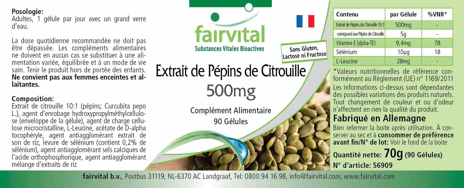 Fairvital | Estratto di semi di zucca 500 mg - 90 capsule - concentrato 10 volte con selenio e vitamina E - altamente dosato - vegano