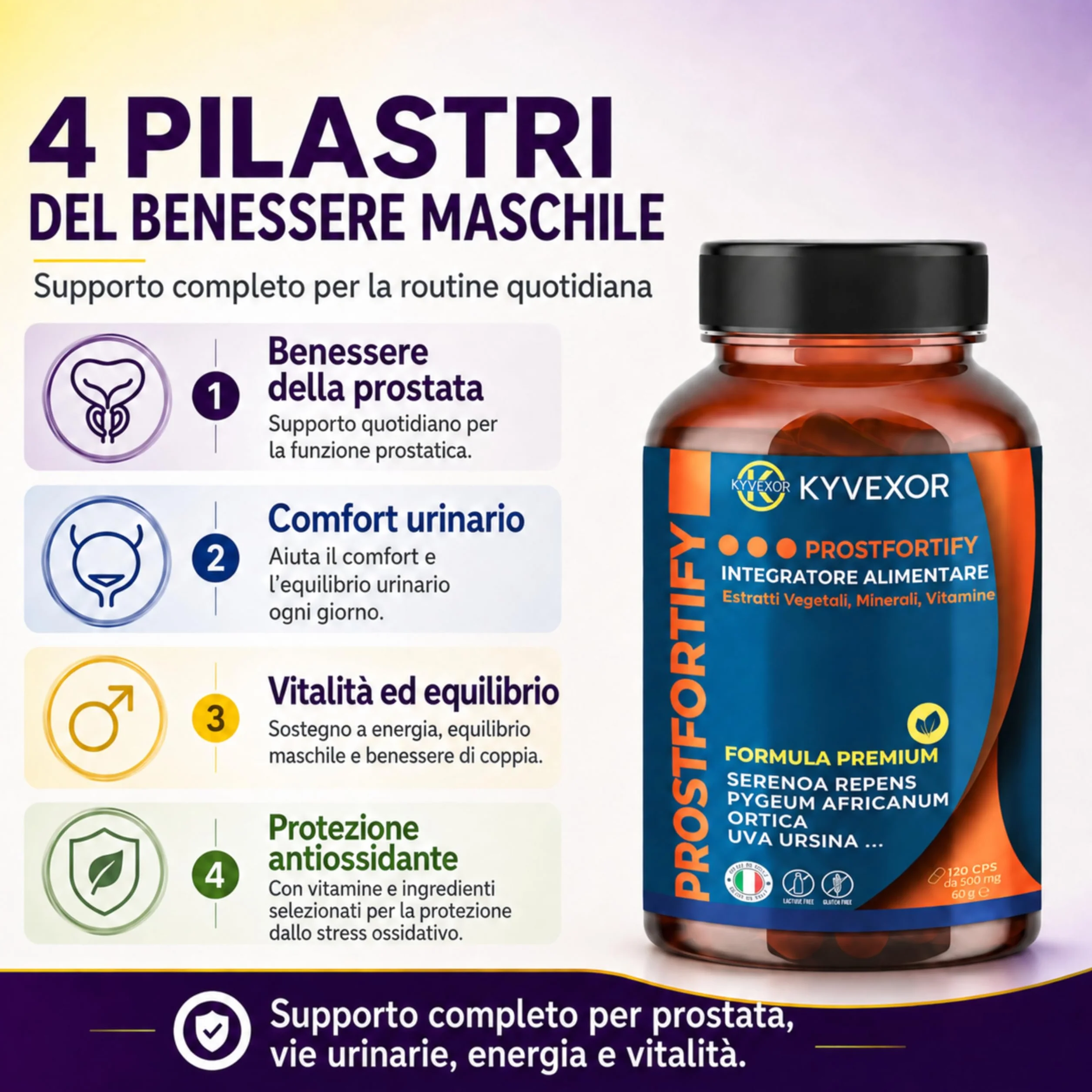 KYVEXOR ProstFortify Integratore Prostata Uomo 10 in 1 Serenoa Repens Saw Palmetto Pygeum Africanum Curcuma Zinco Vitamina C D3 Prostate Support Benessere Prostatico Vie Urinarie