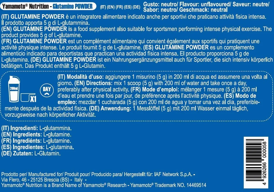 Yamamotò Glutamine Powder 300 grammi - glutammina non aromatizzata - ideale per crescita muscolare - Senza Glutine e Senza Lattosio