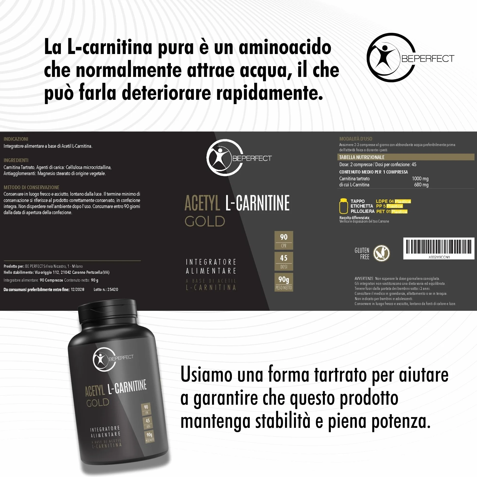 Acetil L-Carnitina Tartrato 3360 mg 90 Compresse Integratore Supporto Metabolico e Energetico