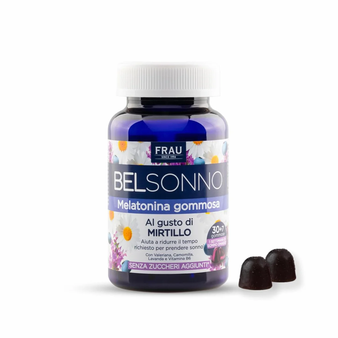 FRAU BEL SONNO Caramelle di Melatonina Gommosa con Valeriana, Camomilla, Lavanda e Vitamina B6, Gusto Mirtillo