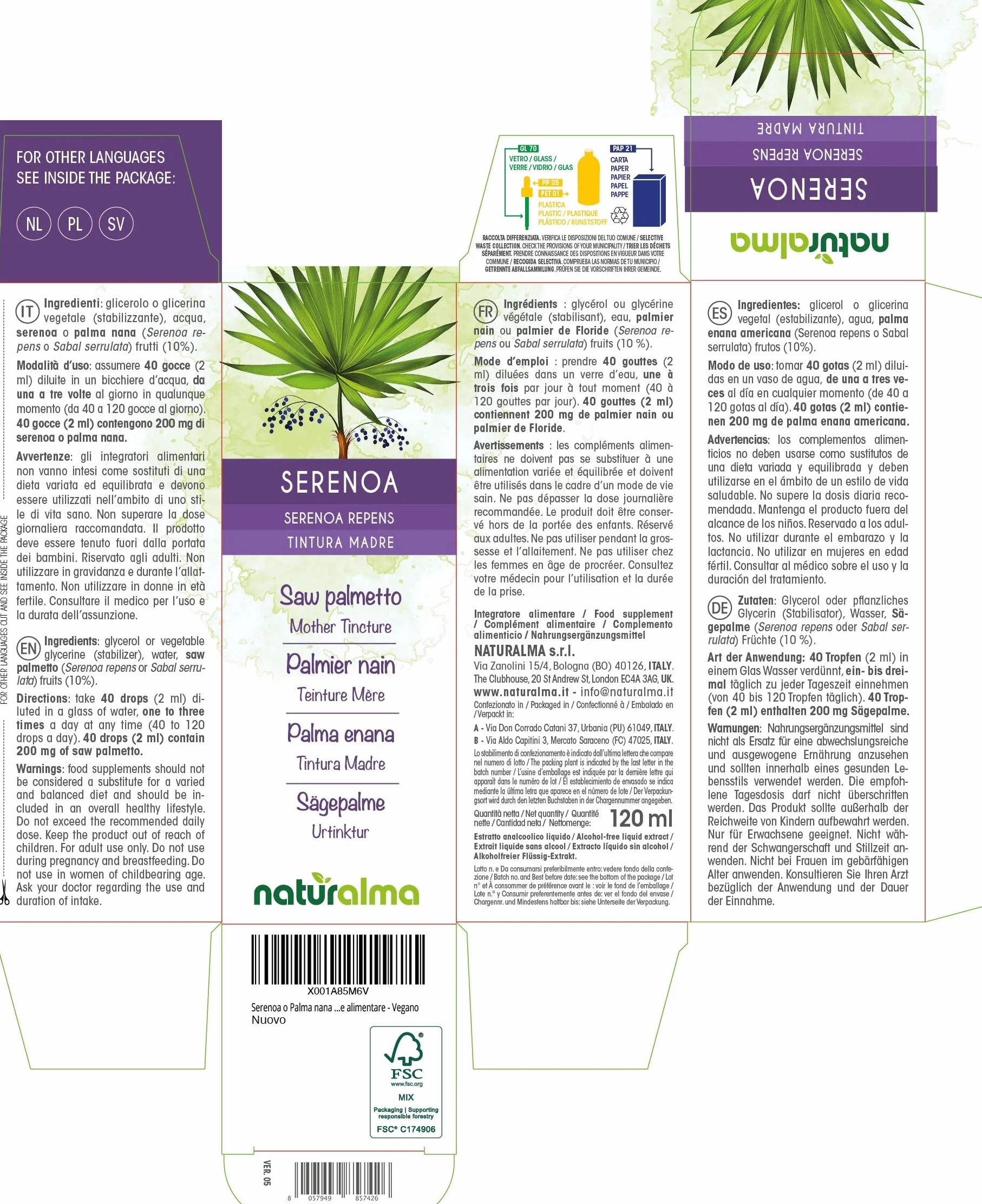 Naturalma Serenoa repens Tintura Madre analcoolica 120 ml Integratore alimentare Vegano