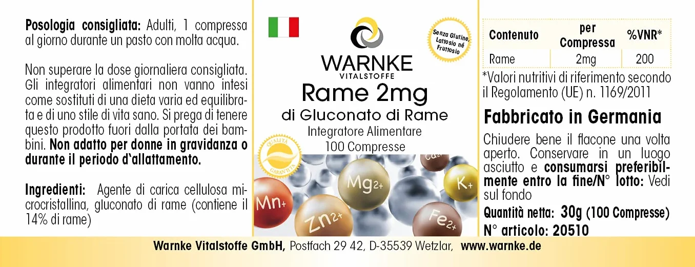 Rame 2mg integratore - Gluconato di rame - 100 compresse - Sostanza pura | Warnke Vitalstoffe - Qualità da farmacia tedesca