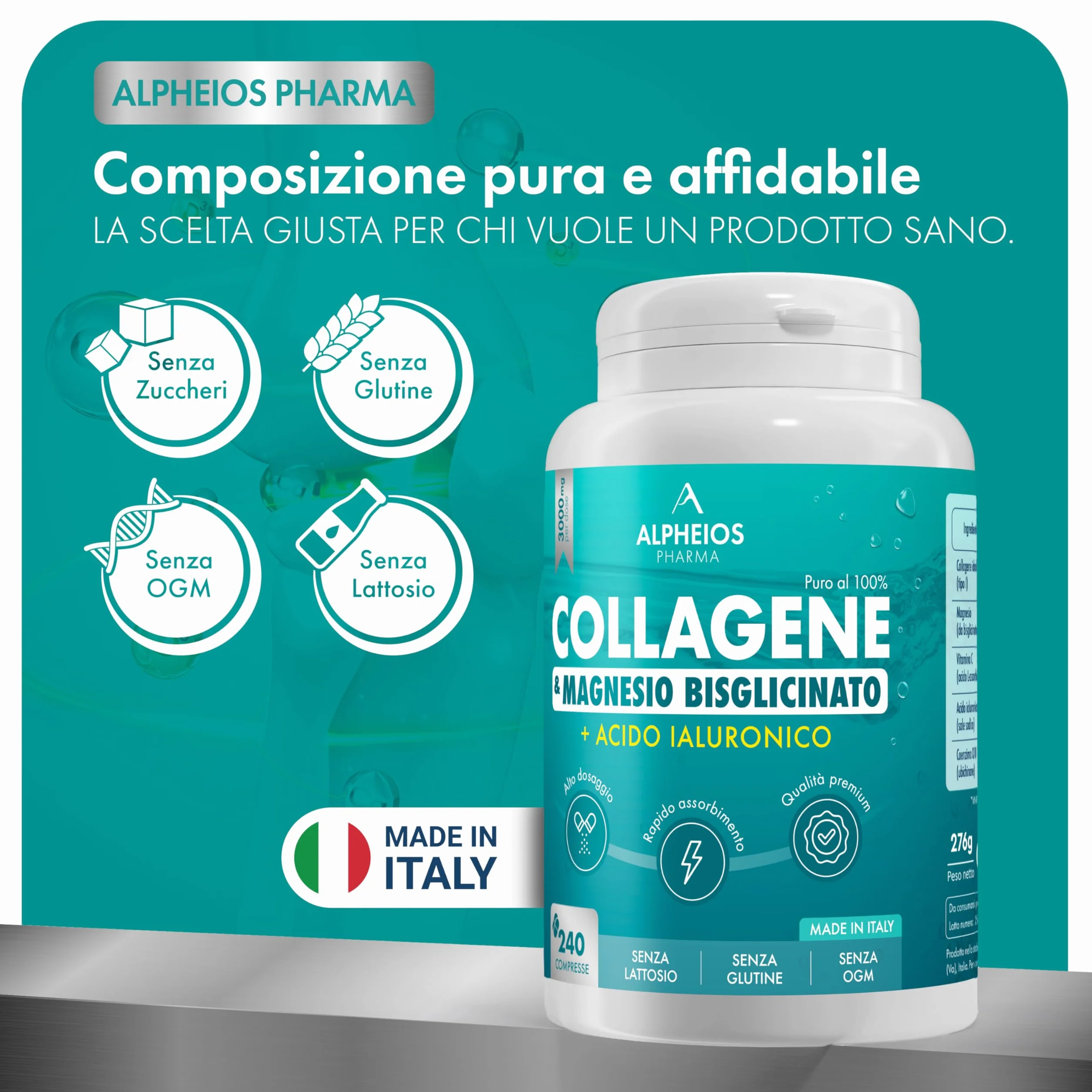 Collagene e Acido Ialuronico + Magnesio Bisglicinato 240 Compresse 3000 mg Integratore Articolazioni Ossa Pelle