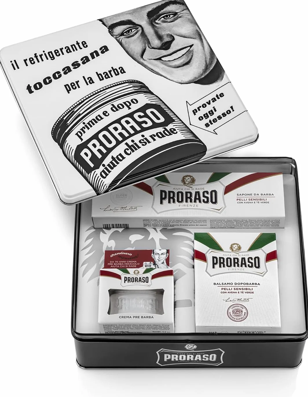 Proraso Set Vintage Selection Pelli Sensibili, Set regalo uomo Crema Pre Barba 100 ml, Sapone Barba 150 ml, Balsamo Dopobarba 100 ml, Made in Italy