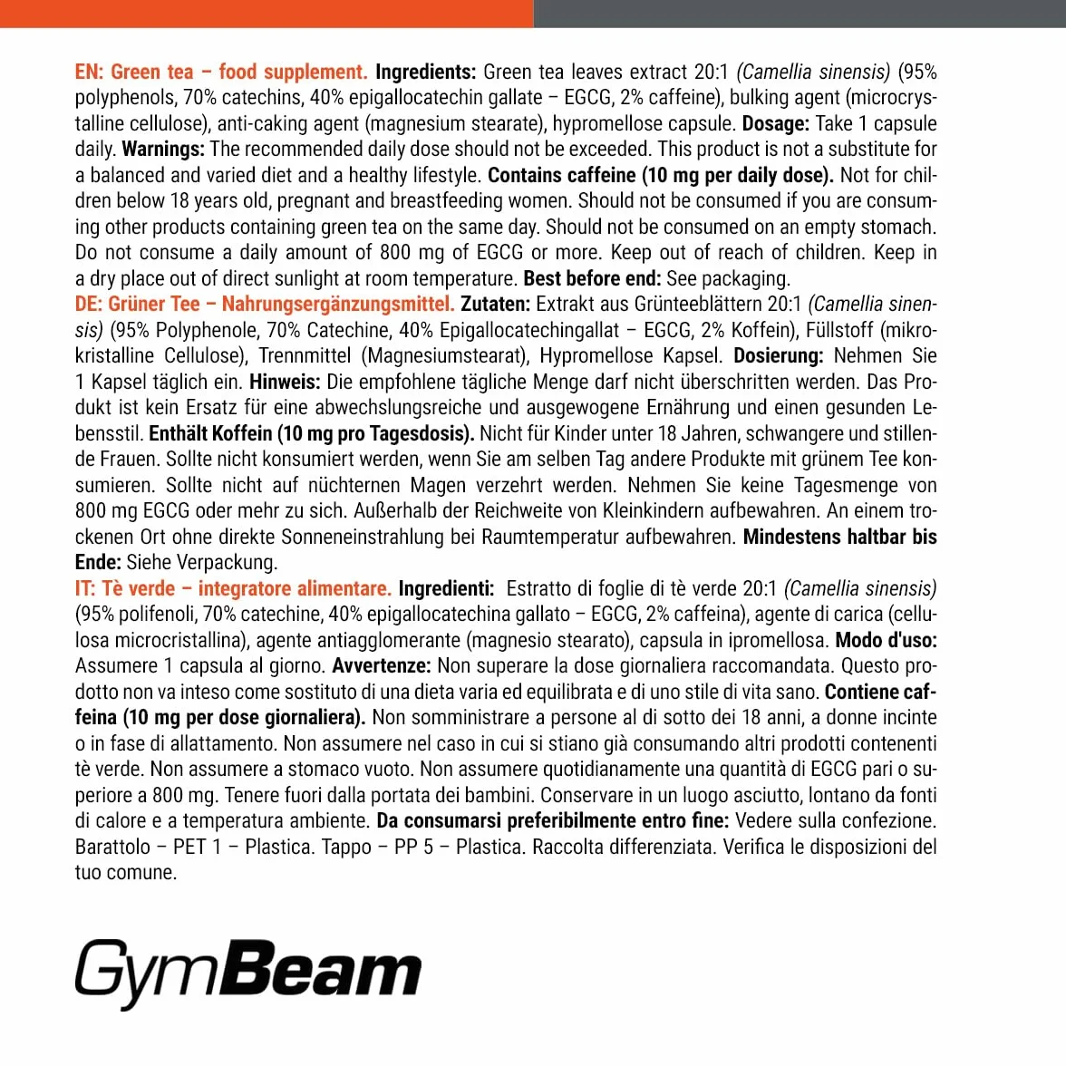 GymBeam Tè Verde - 500 mg - Integratore Naturale in Capsule con EGCG e Caffeina, Estratto 20:1 per Metabolismo, Controllo del Peso e Energia (120 cps)
