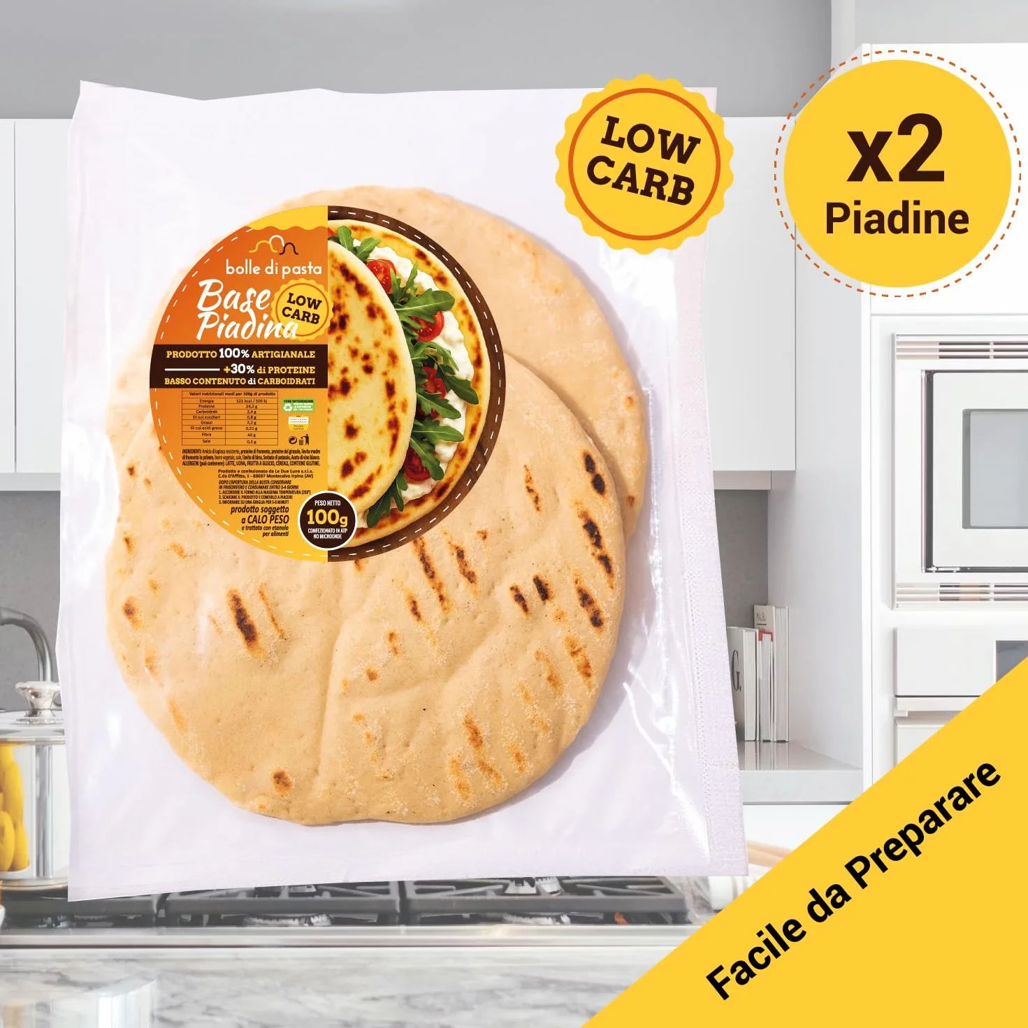 Bolle di Pasta® Base Piadina Low Carb Keto – Piadine Proteiche 100 g – +30% Proteine, Basso Contenuto di Carboidrati – Ideale per Dieta Low Carb e Chetogenica – Piadina Artigianale (3 Confezioni)