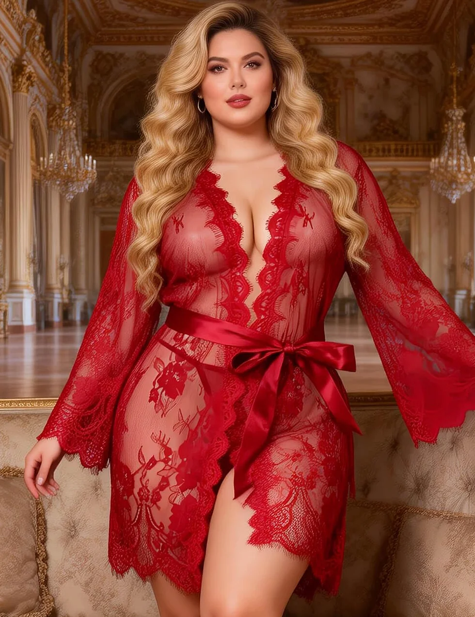 Vestaglia Donna in Pizzo con Cintura Scolla V Floreale Estiva Kimono Babydoll