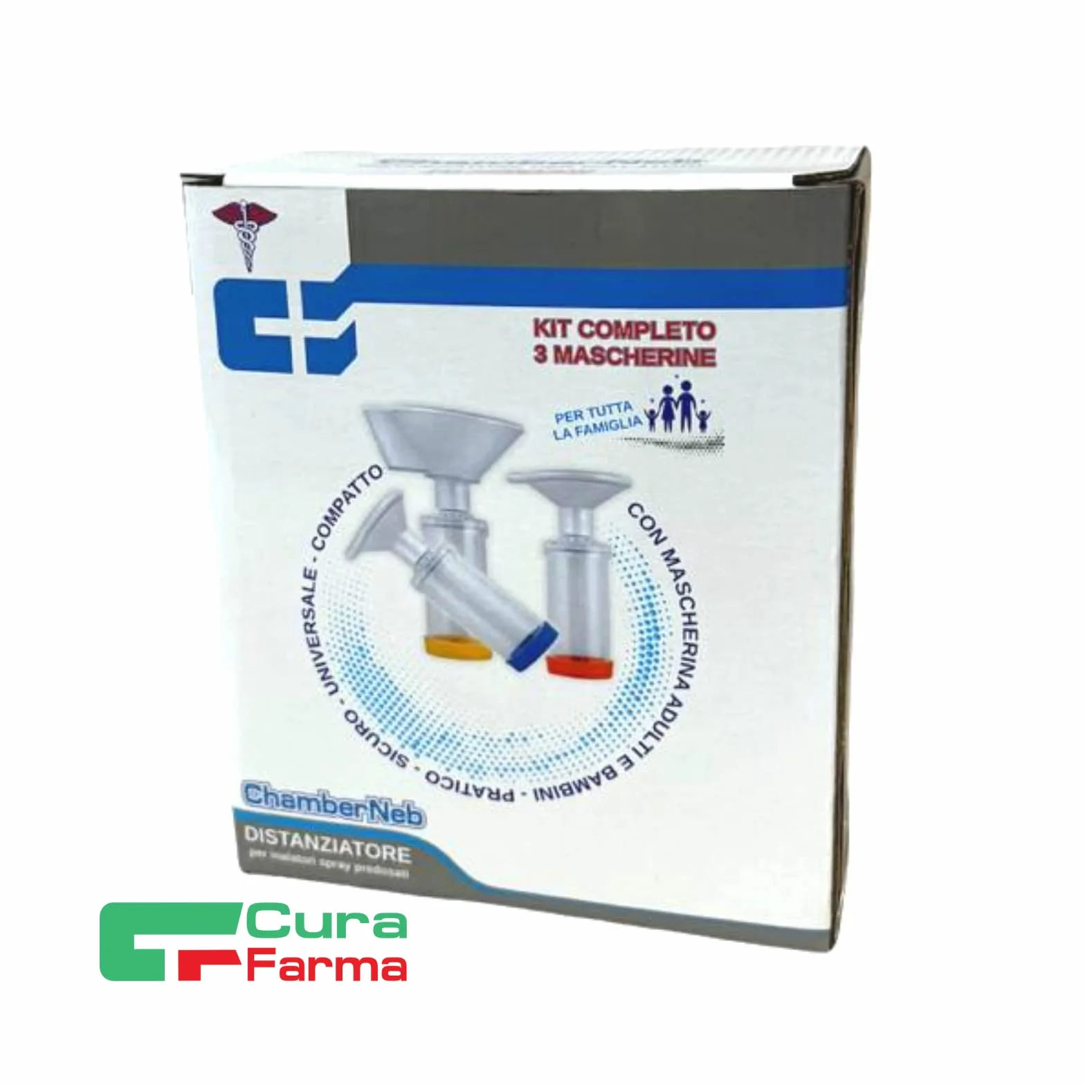 CURA FARMA ChamberNeb Distanziatore per Inalatori Bambini Adulti Neonati Camera Spray Asma Kit 3 Maschere