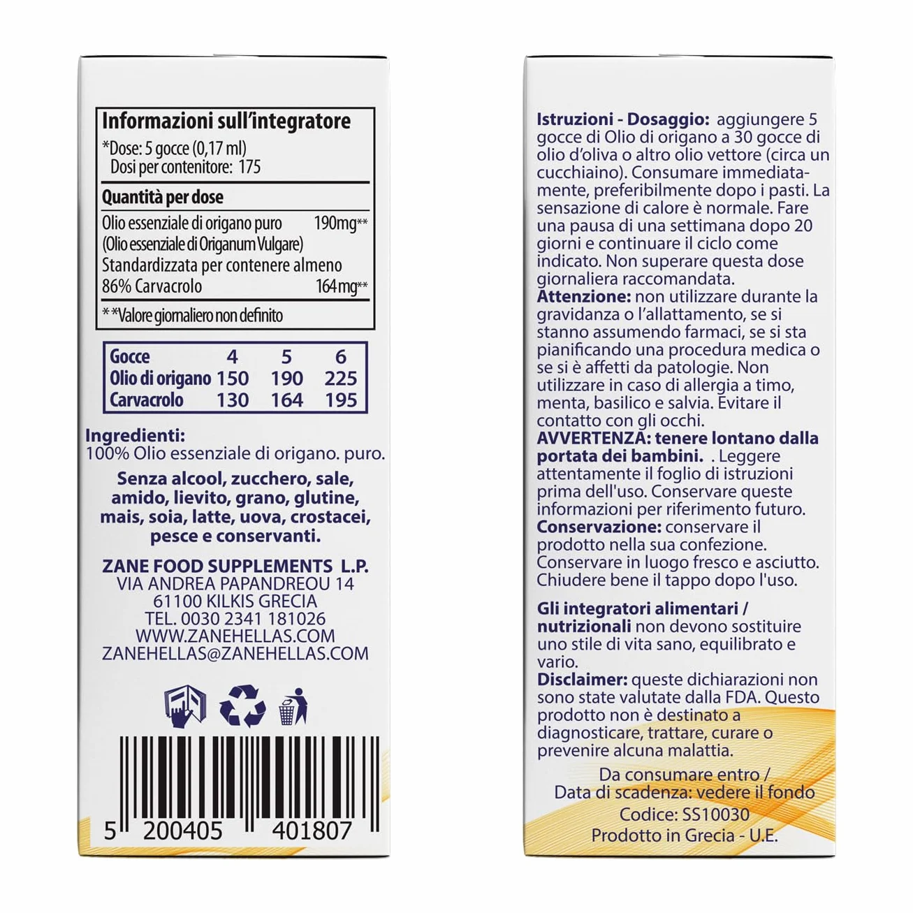Olio di origano non diluito 86% Carvacrolo 164mg per porzione 60 ml