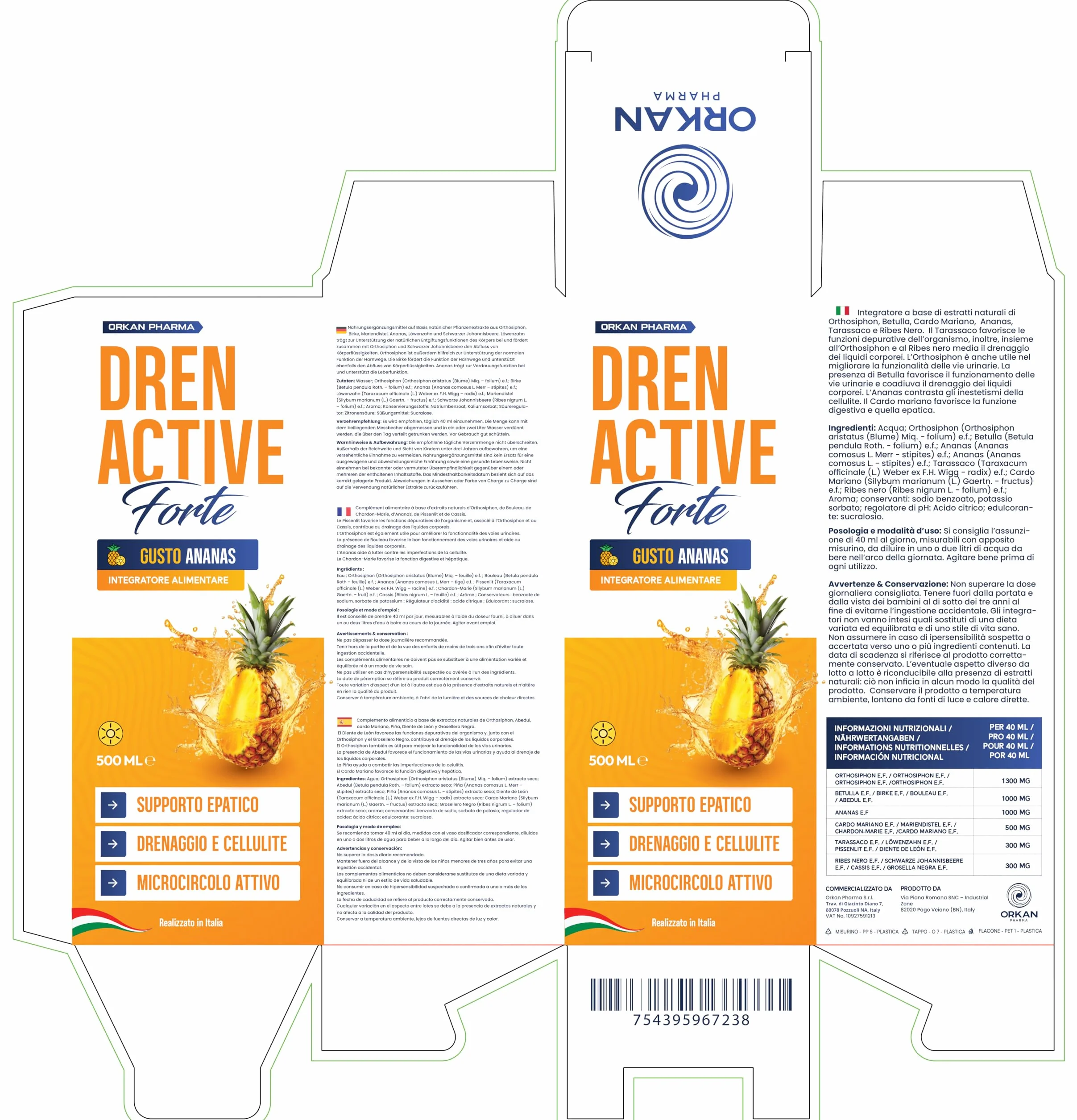 Diuretico Drenante Forte Detox Ritenzione Idrica Anticellulite 500 ML Gusto Ananas Made in Italy