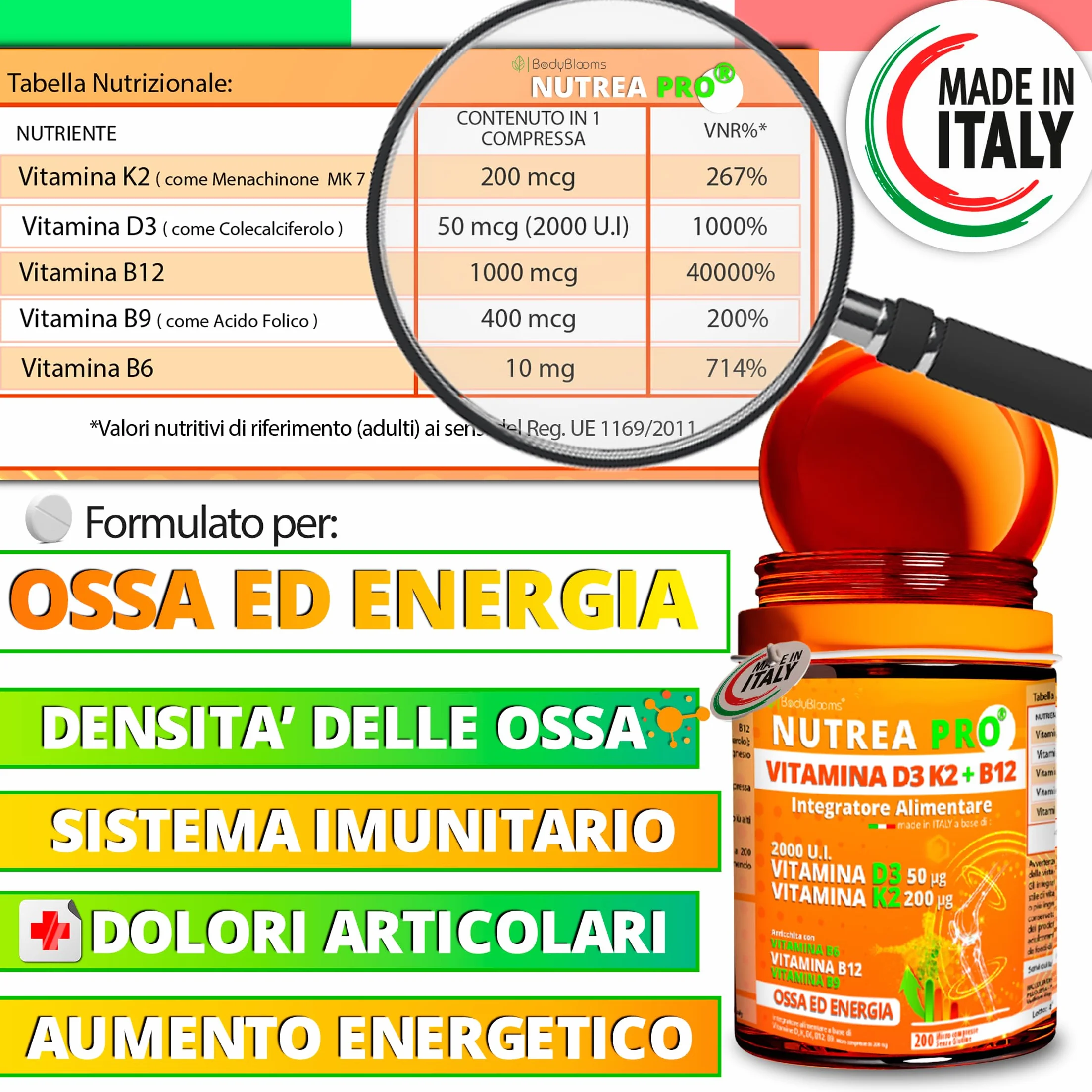 Vitamina d3 k2 2000UI - 200 Micro Compresse vit d3 k2 Arricchite con B12 e Acido folico. Supporto completo per ossa, muscoli ed energia - Integratore di Vitamina D senza glutine. Made in Italy