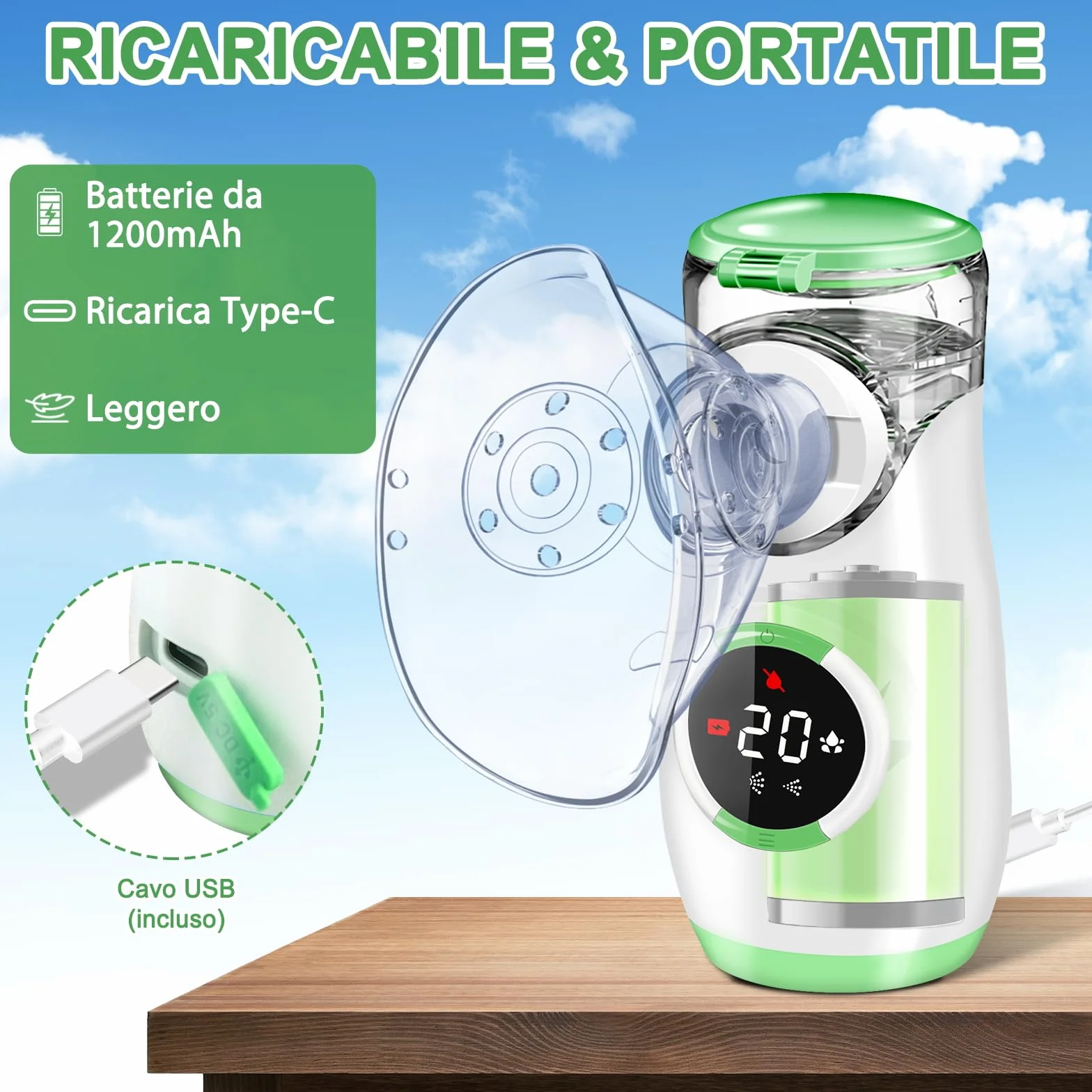 Wholede Aerosol Portatile Silenzioso Digitaler Ricaricabile Nebulizzatore per Adulti e Bambini Verde
