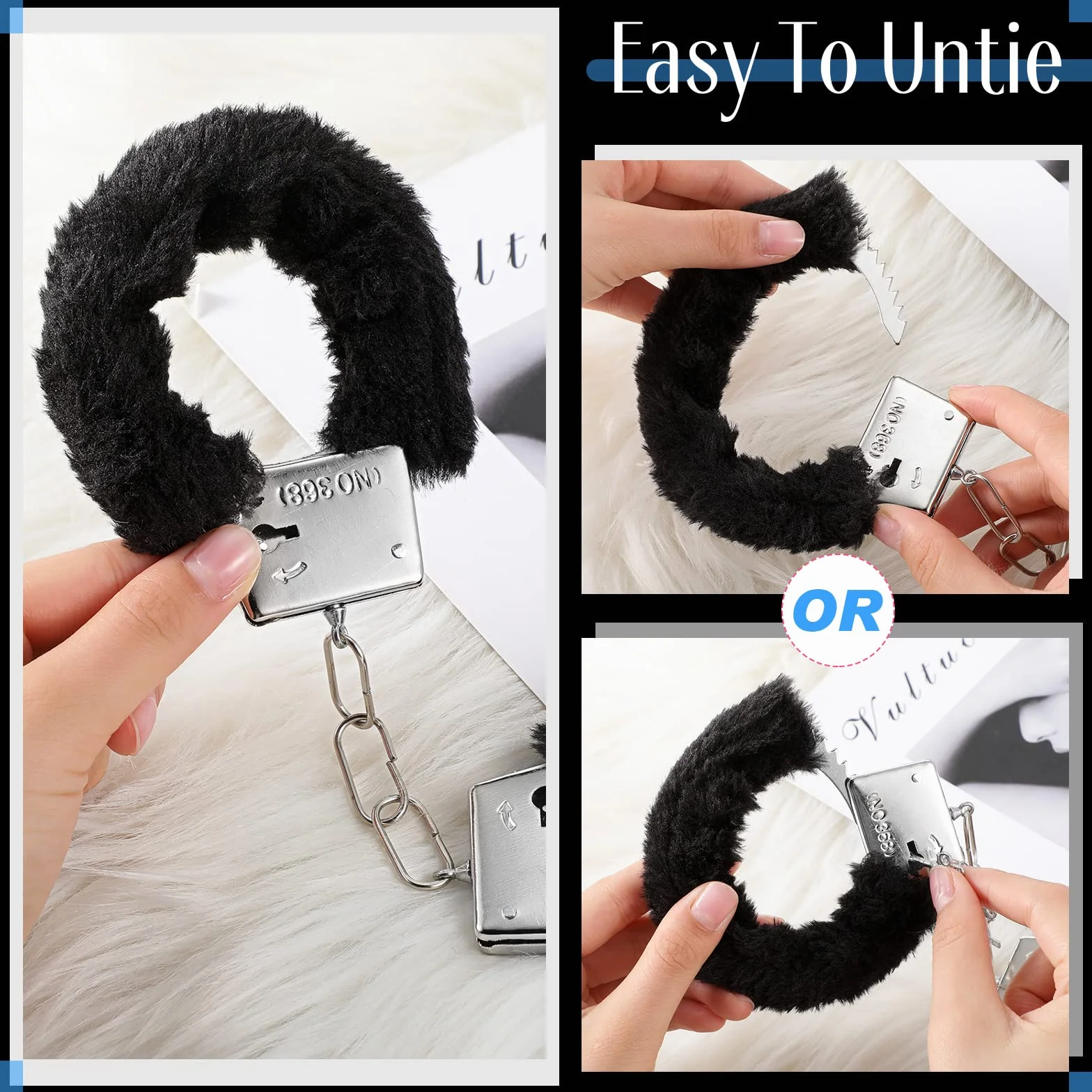 SATINIOR Manette per Coppia con 2 Chiavi Manette in Metallo Morbido Peluche per Costume di Polizia Festa di Carnevale e Halloween (Stile Peluche,Nero)